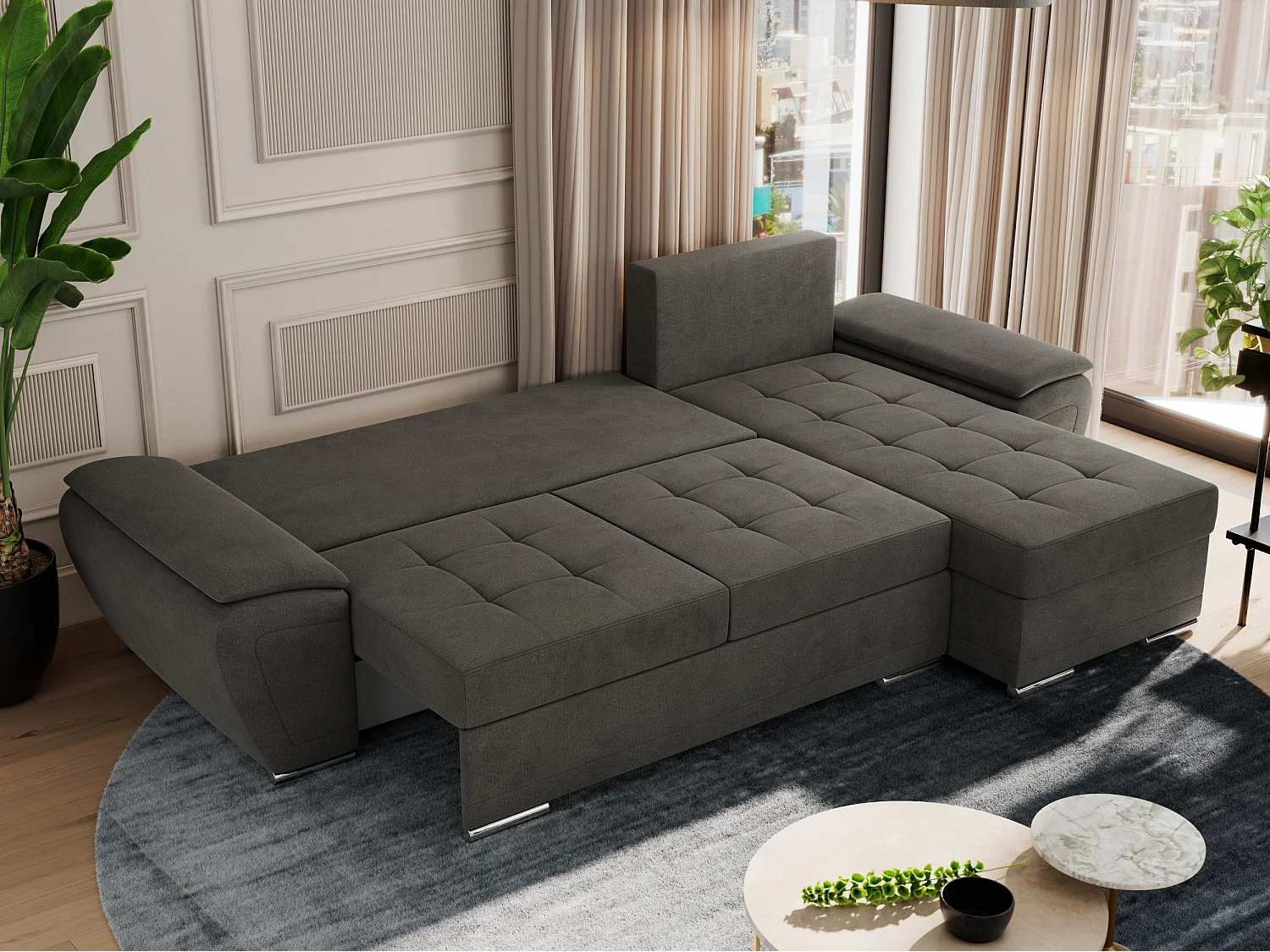 Ecksofa UMBRIA - universell L-form Couch, Schlaffunktion und Bettkasten, gesteppte Ecke - Dunkelgrau Velvet