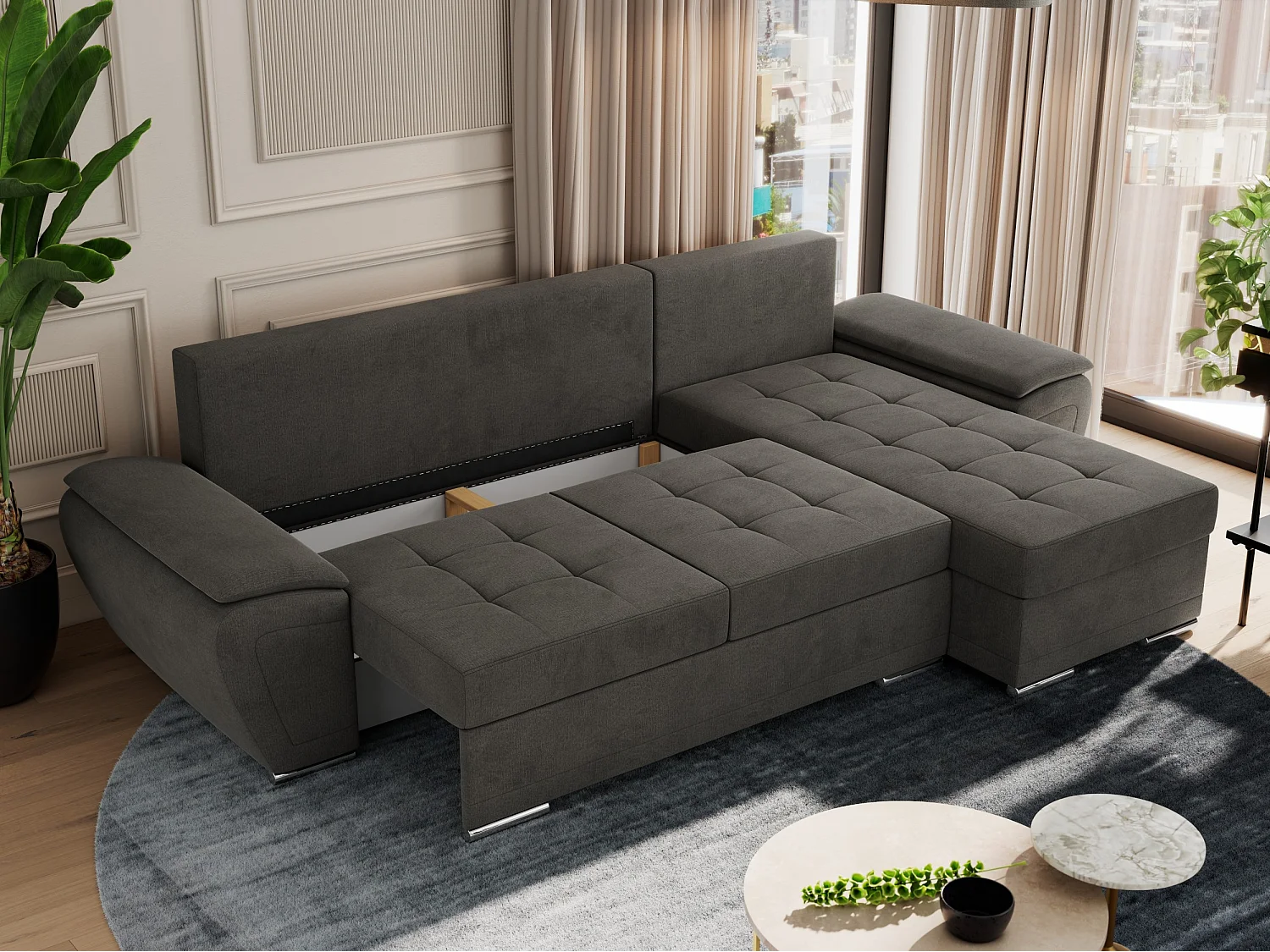 Ecksofa UMBRIA - universell L-form Couch, Schlaffunktion und Bettkasten, gesteppte Ecke - Dunkelgrau Velvet