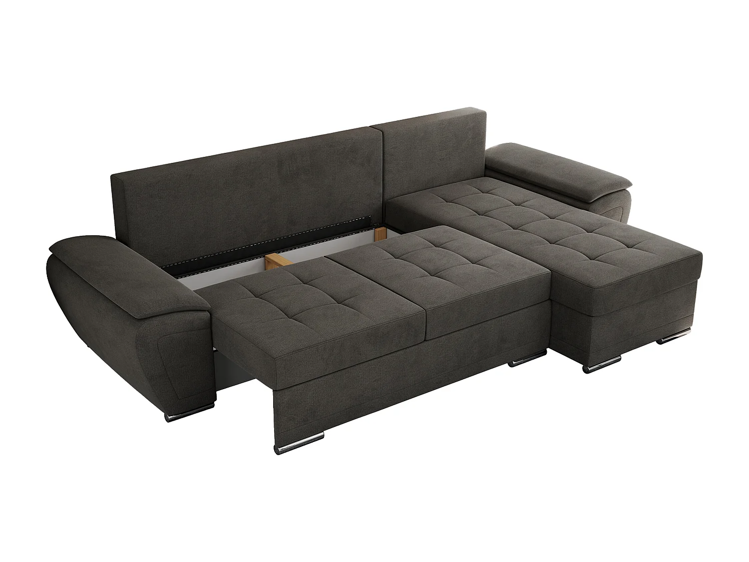 Ecksofa UMBRIA - universell L-form Couch, Schlaffunktion und Bettkasten, gesteppte Ecke - Dunkelgrau Velvet