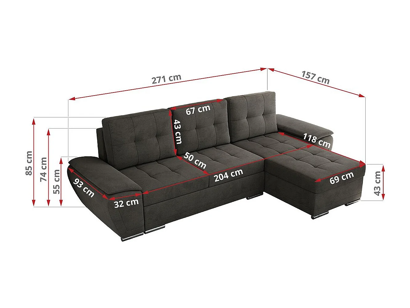 Ecksofa UMBRIA - universell L-form Couch, Schlaffunktion und Bettkasten, gesteppte Ecke - Dunkelgrau Velvet