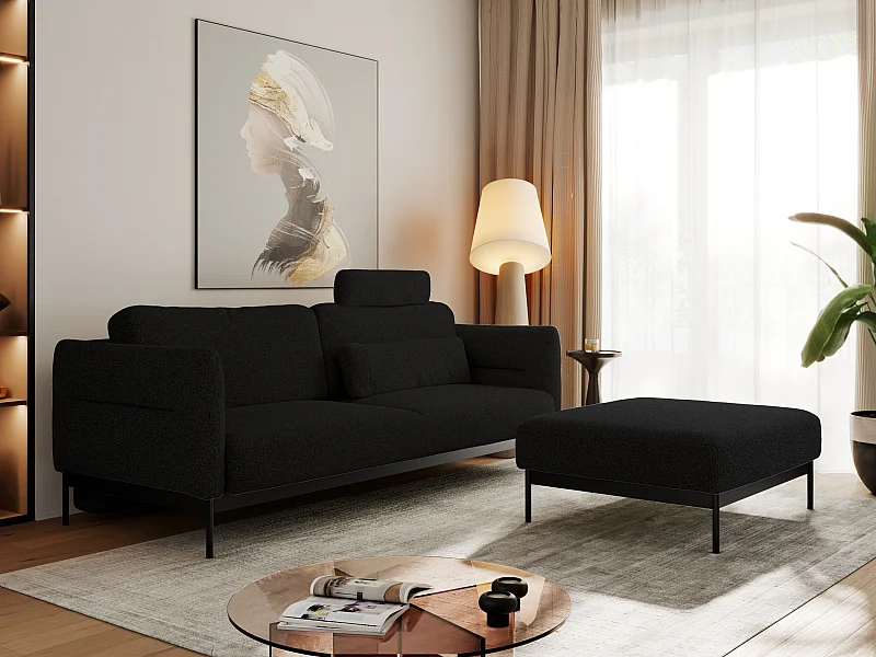 Ecksofa SALENTO - mit Metallbeine, Schlafsofa, mobilen Fußhocker, lose Kissen - Schwarz Boucle