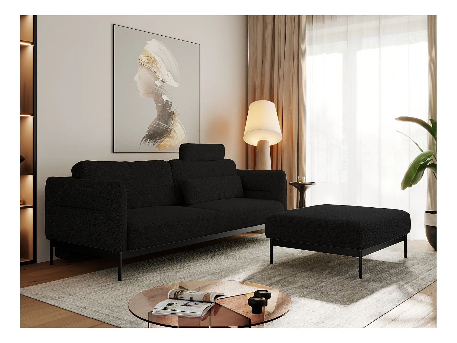 Ecksofa SALENTO - mit Metallbeine, Schlafsofa, mobilen Fußhocker, lose Kissen - Schwarz Boucle