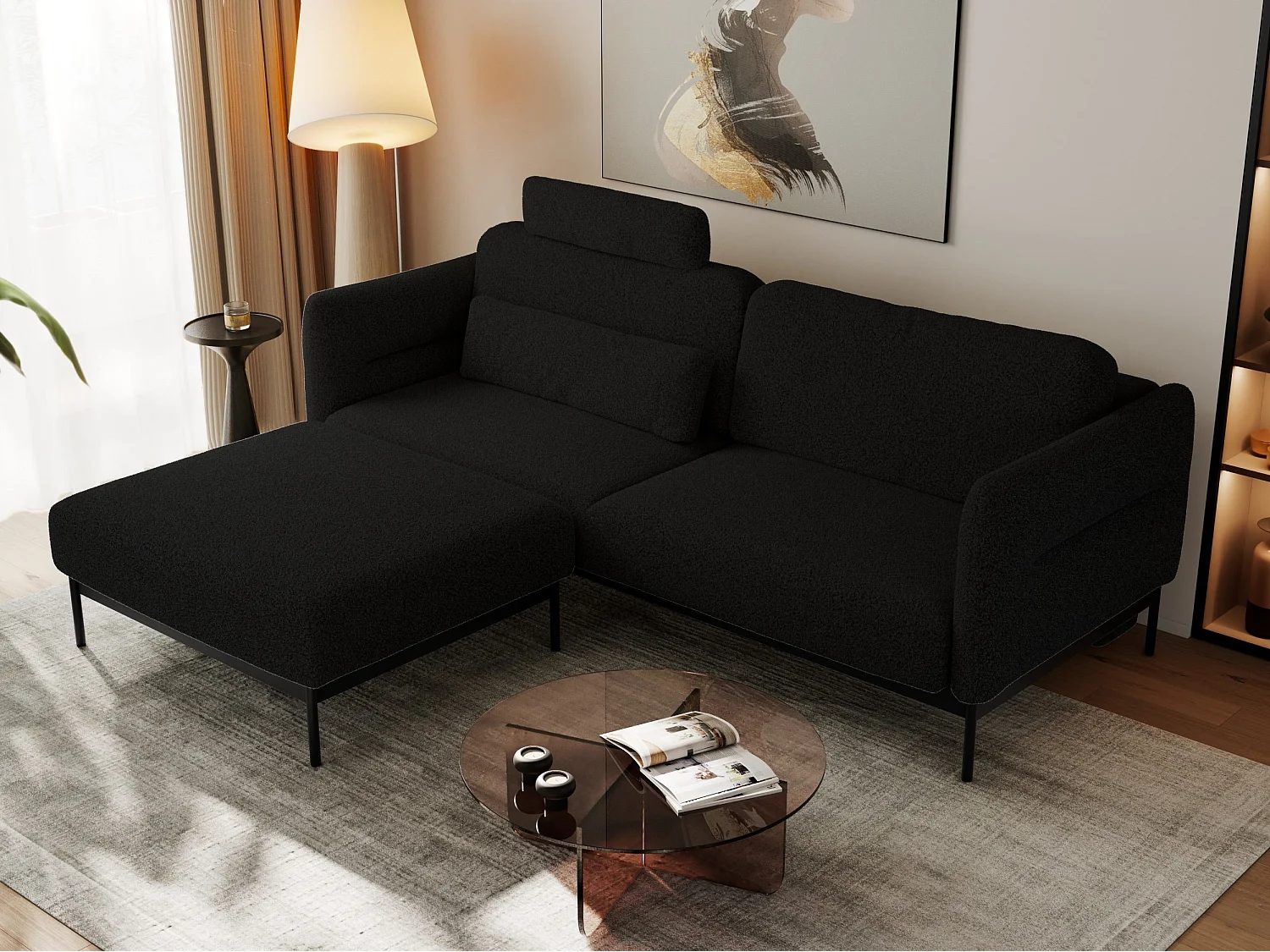 Ecksofa SALENTO - mit Metallbeine, Schlafsofa, mobilen Fußhocker, lose Kissen - Schwarz Boucle