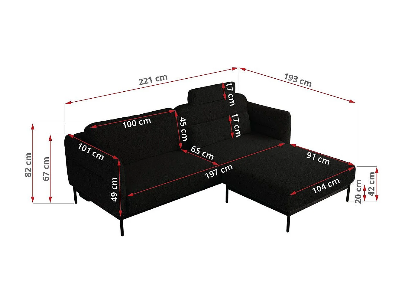 Ecksofa SALENTO - mit Metallbeine, Schlafsofa, mobilen Fußhocker, lose Kissen - Schwarz Boucle
