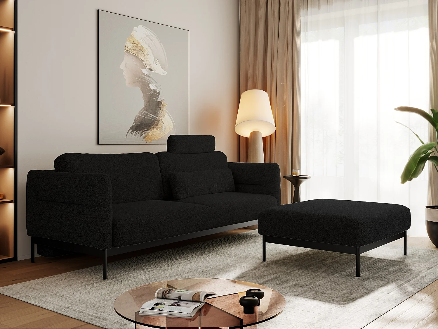 Ecksofa SALENTO - mit Metallbeine, Schlafsofa, mobilen Fußhocker, lose Kissen - Schwarz Boucle