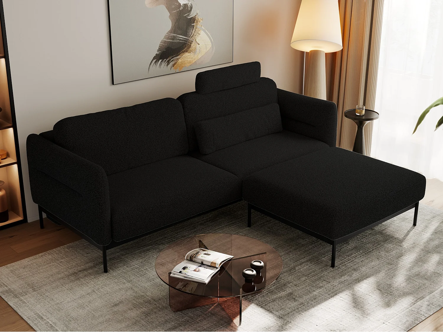 Ecksofa SALENTO - mit Metallbeine, Schlafsofa, mobilen Fußhocker, lose Kissen - Schwarz Boucle