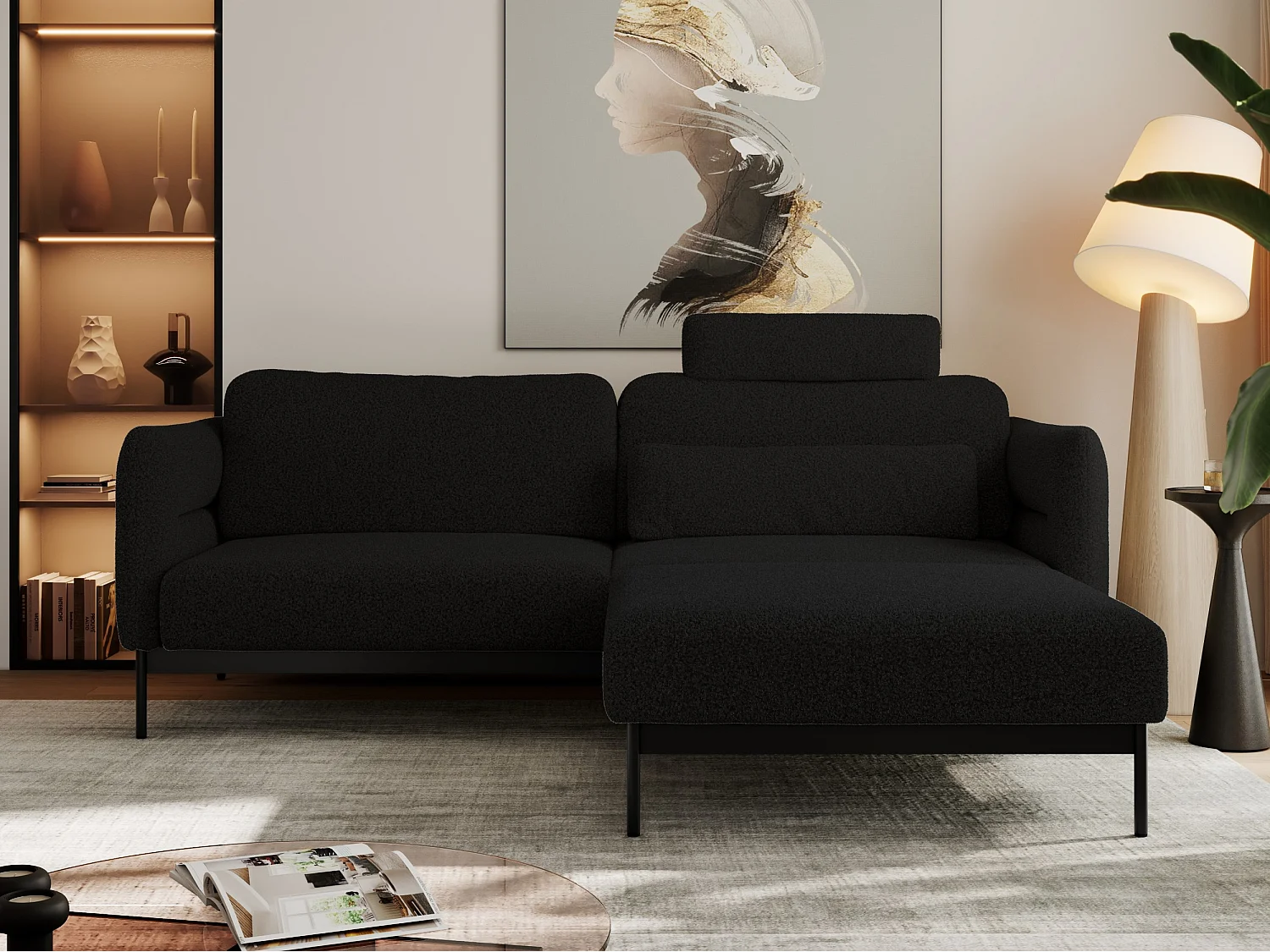 Ecksofa SALENTO - mit Metallbeine, Schlafsofa, mobilen Fußhocker, lose Kissen - Schwarz Boucle