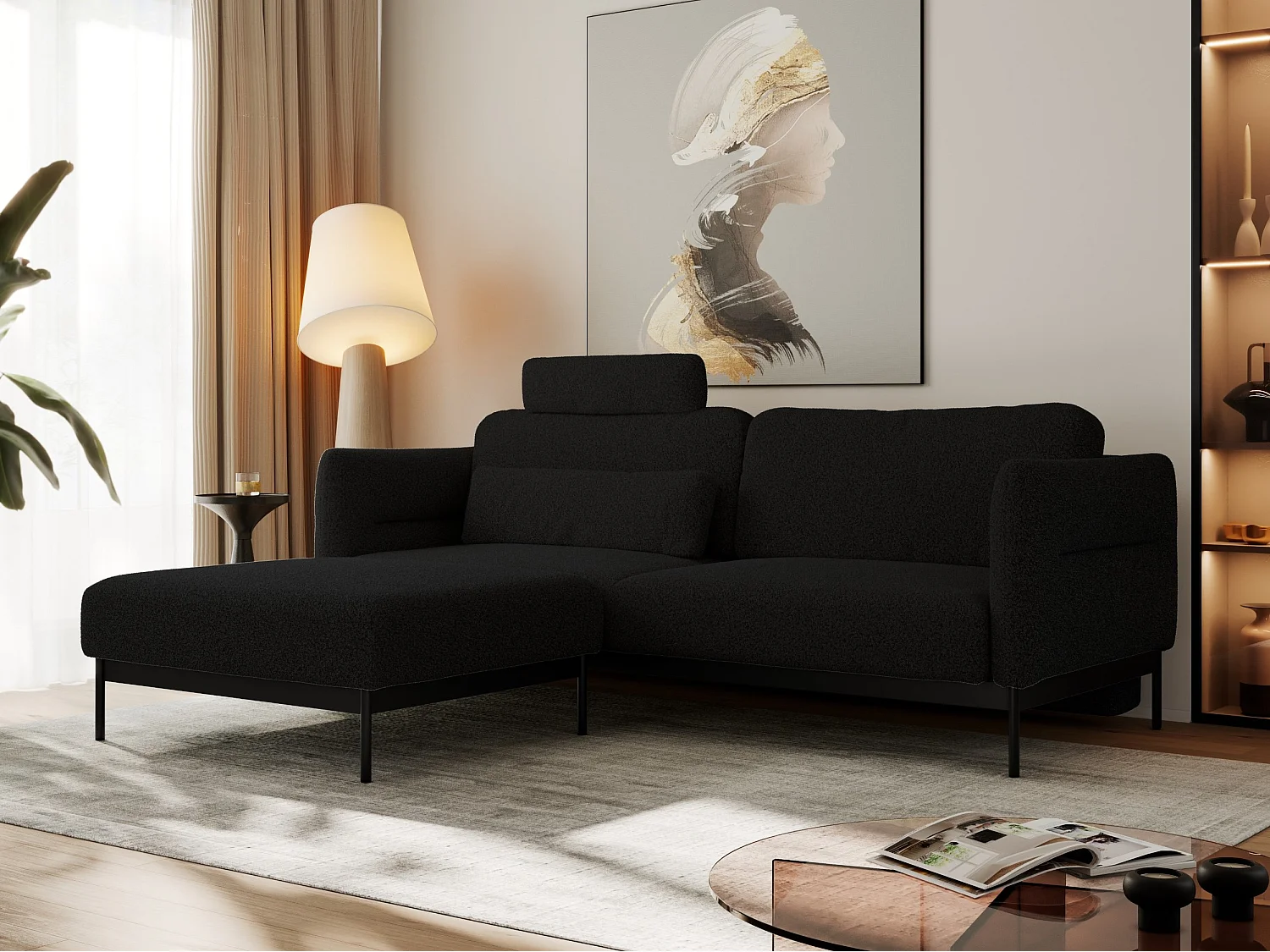 Ecksofa SALENTO - mit Metallbeine, Schlafsofa, mobilen Fußhocker, lose Kissen - Schwarz Boucle