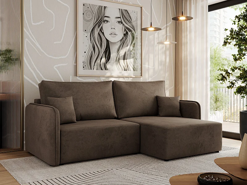 Ecksofa MESTO - Schlaffunktion und Bettkasten, L-form Couch für das Wohnzimmer, Armlehnen - Braun Velvet - Ecke Rechts