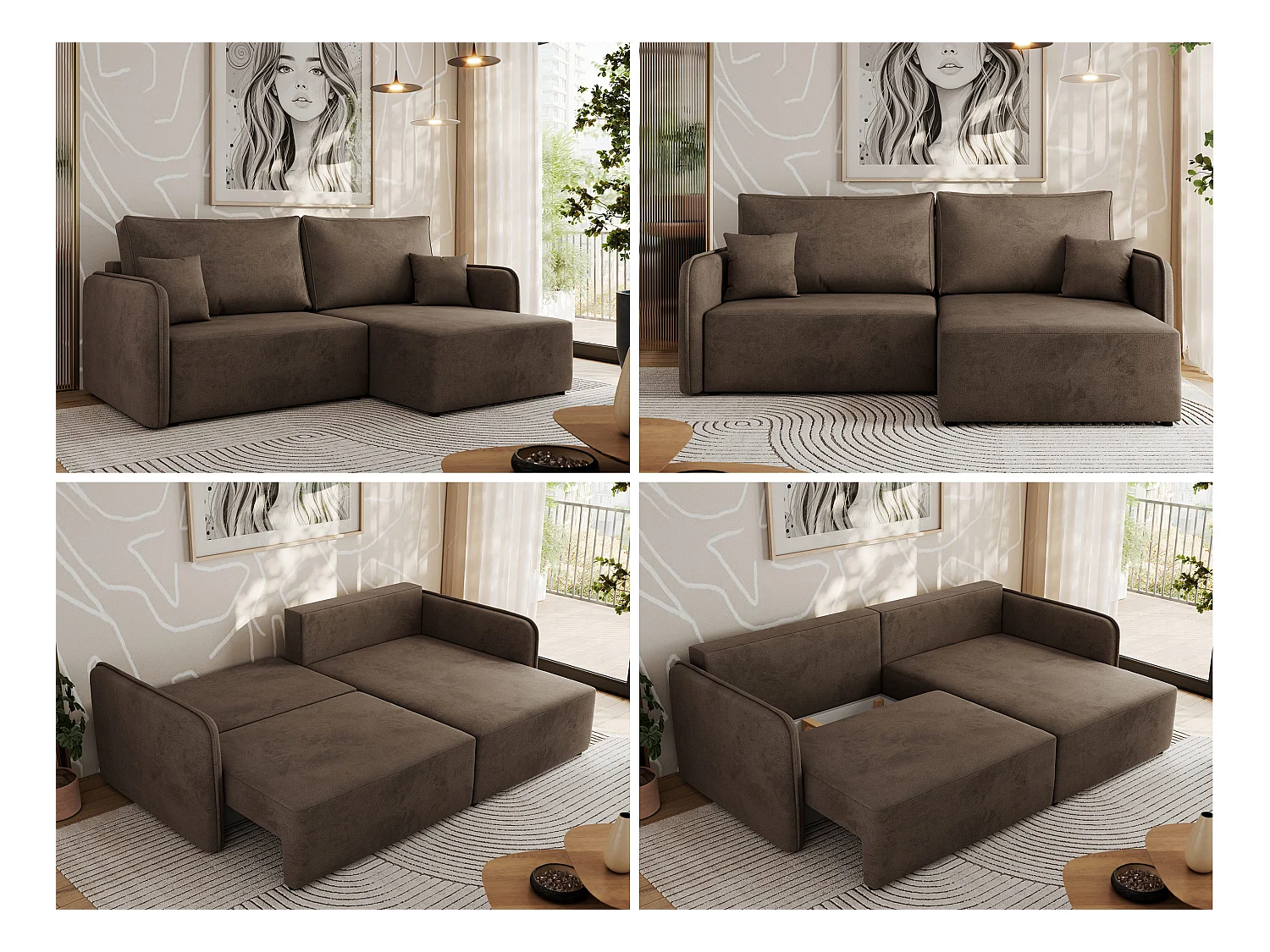 Ecksofa MESTO - Schlaffunktion und Bettkasten, L-form Couch für das Wohnzimmer, Armlehnen - Braun Velvet - Ecke Rechts
