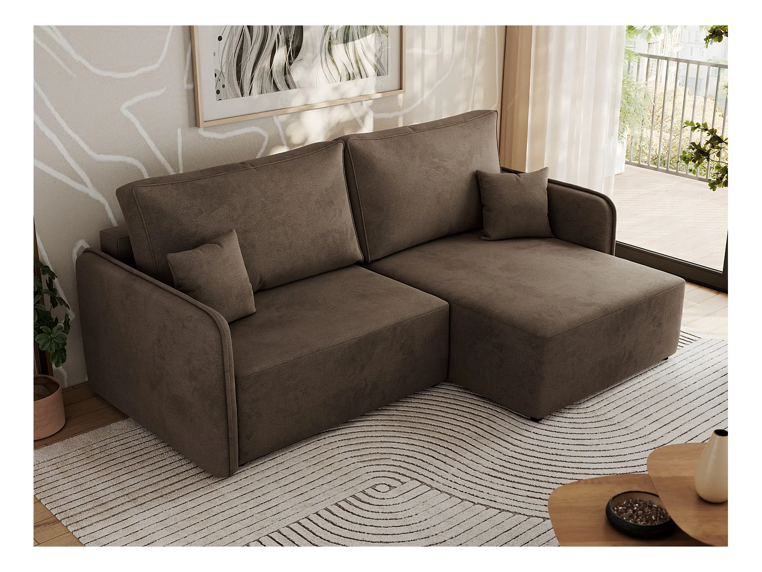 Ecksofa MESTO - Schlaffunktion und Bettkasten, L-form Couch für das Wohnzimmer, Armlehnen - Braun Velvet - Ecke Rechts
