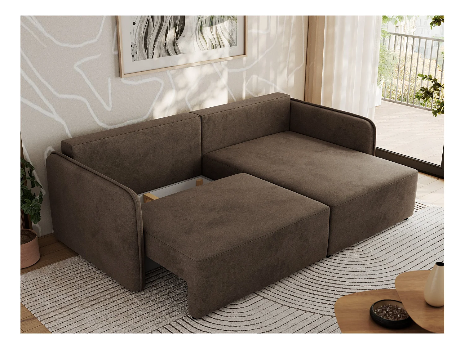 Ecksofa MESTO - Schlaffunktion und Bettkasten, L-form Couch für das Wohnzimmer, Armlehnen - Braun Velvet - Ecke Rechts