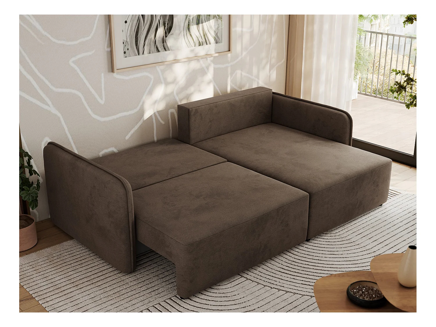 Ecksofa MESTO - Schlaffunktion und Bettkasten, L-form Couch für das Wohnzimmer, Armlehnen - Braun Velvet - Ecke Rechts