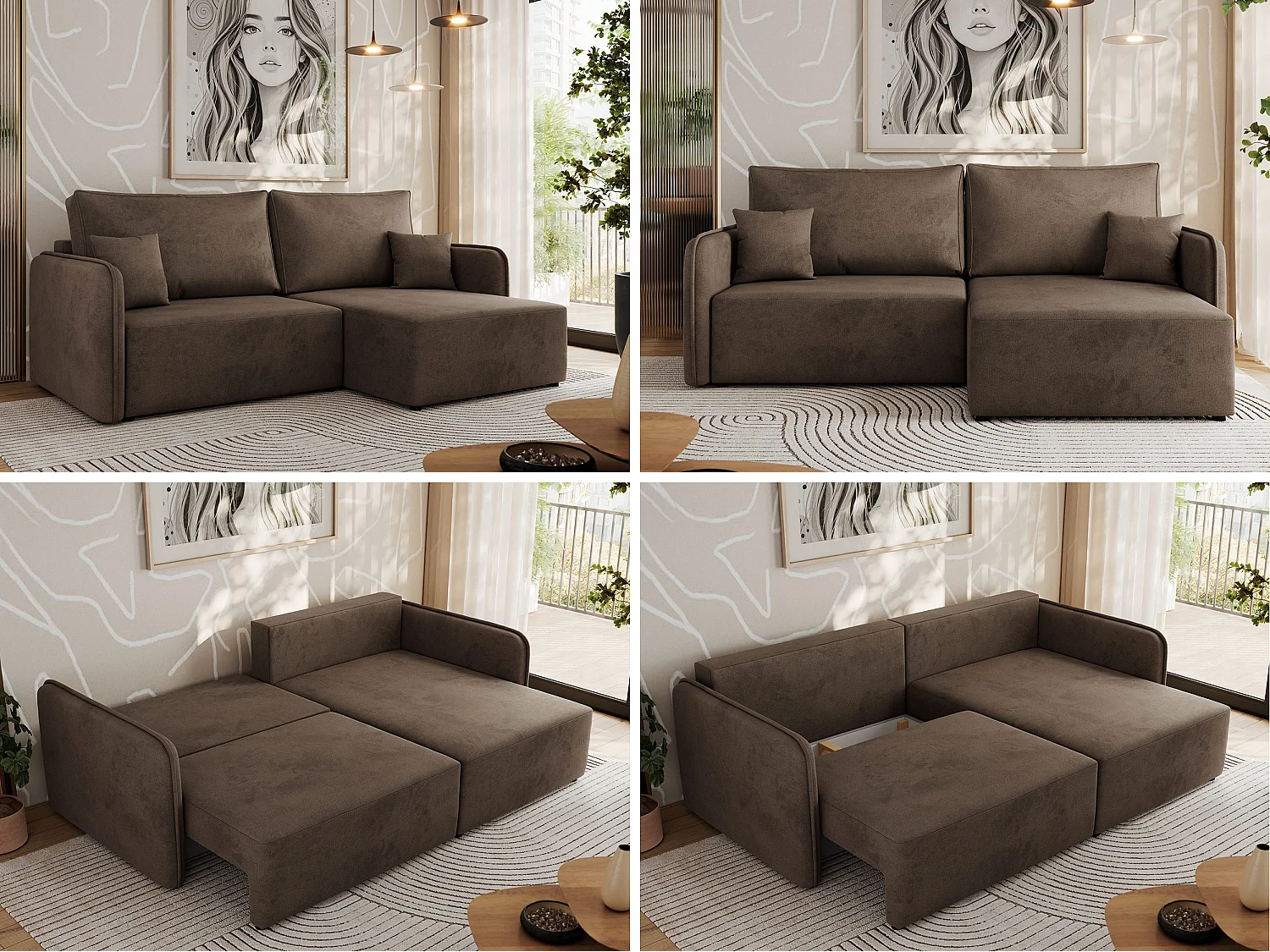 Ecksofa MESTO - Schlaffunktion und Bettkasten, L-form Couch für das Wohnzimmer, Armlehnen - Braun Velvet - Ecke Rechts