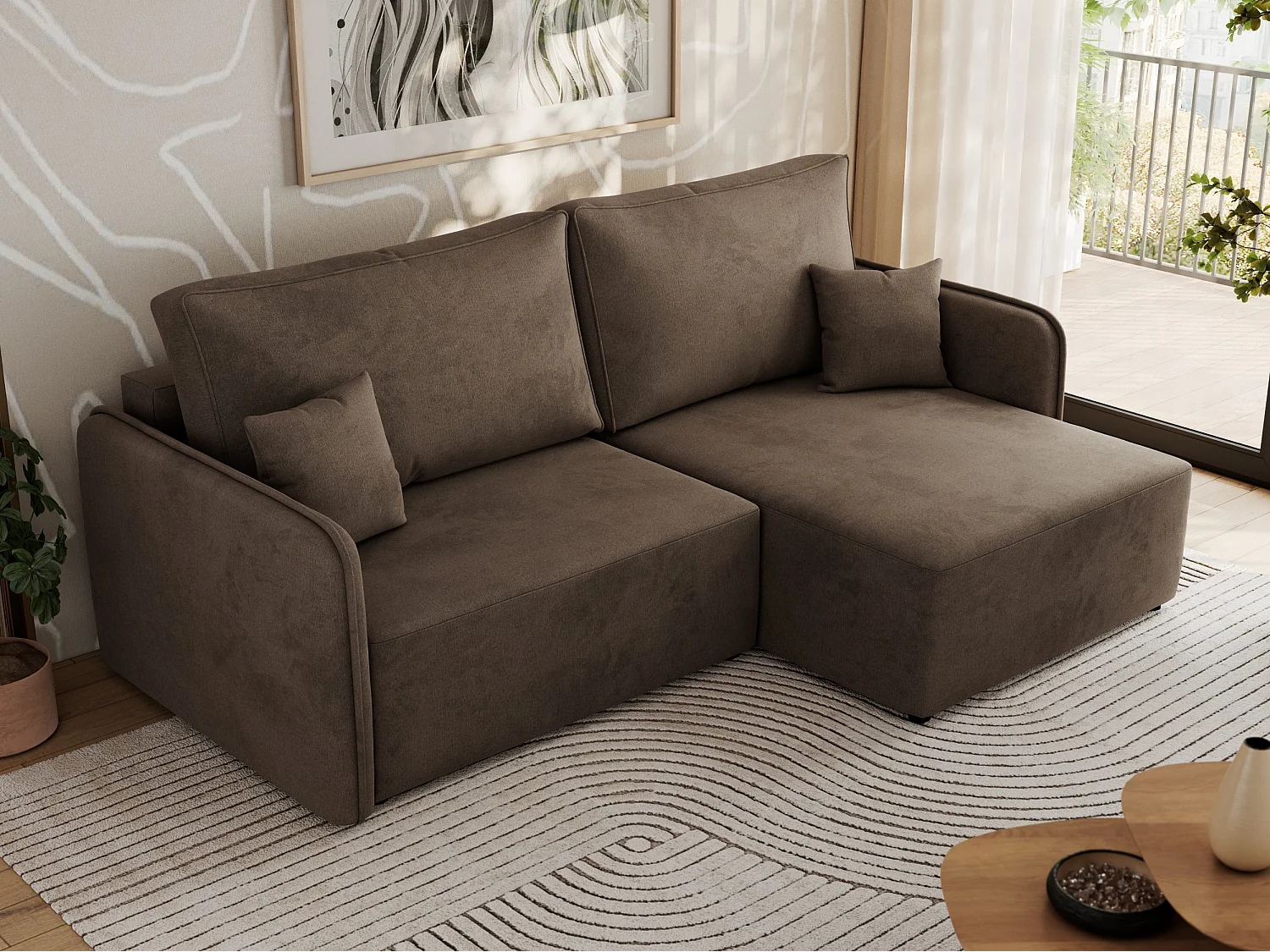 Ecksofa MESTO - Schlaffunktion und Bettkasten, L-form Couch für das Wohnzimmer, Armlehnen - Braun Velvet - Ecke Rechts