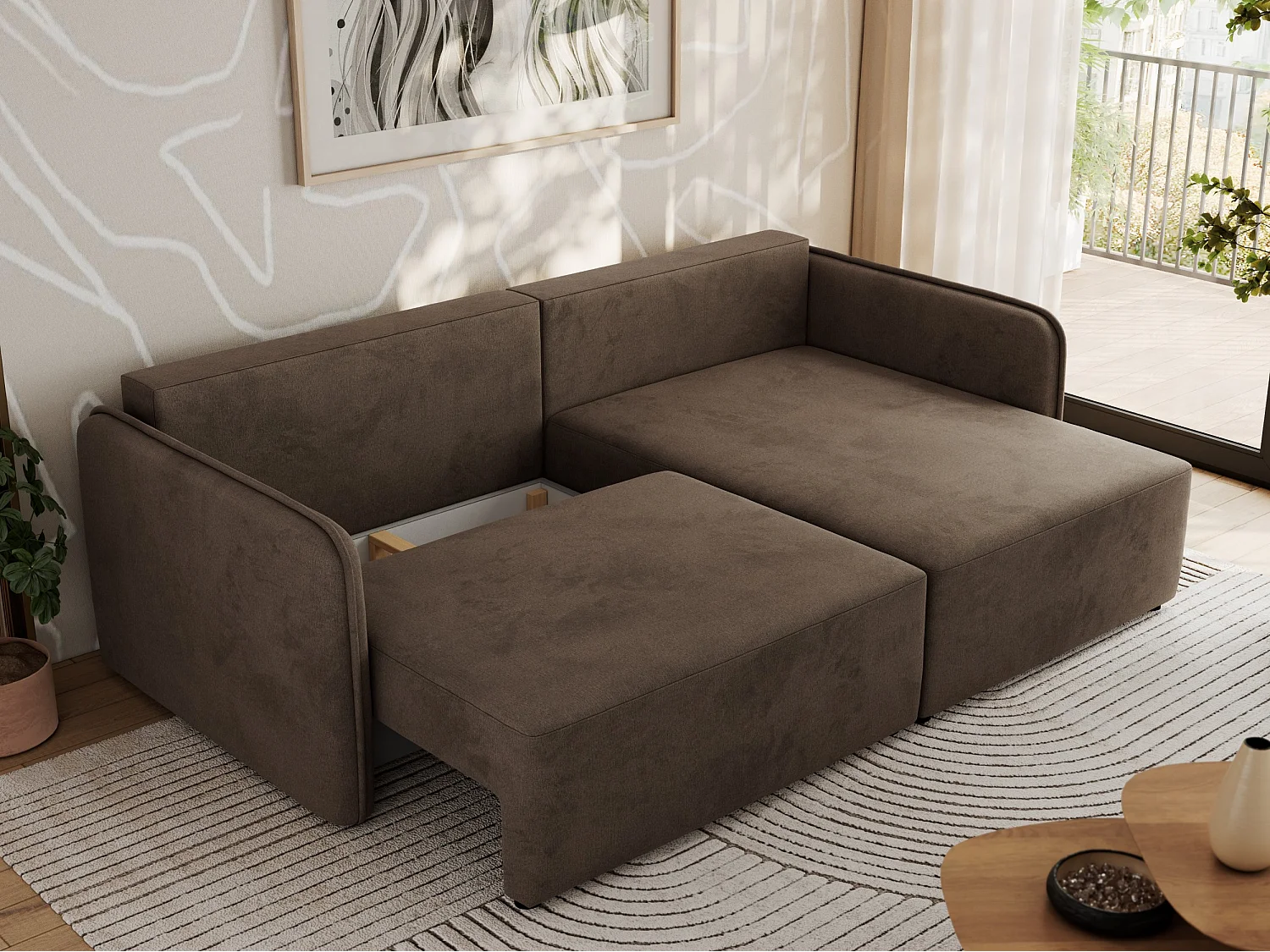 Ecksofa MESTO - Schlaffunktion und Bettkasten, L-form Couch für das Wohnzimmer, Armlehnen - Braun Velvet - Ecke Rechts