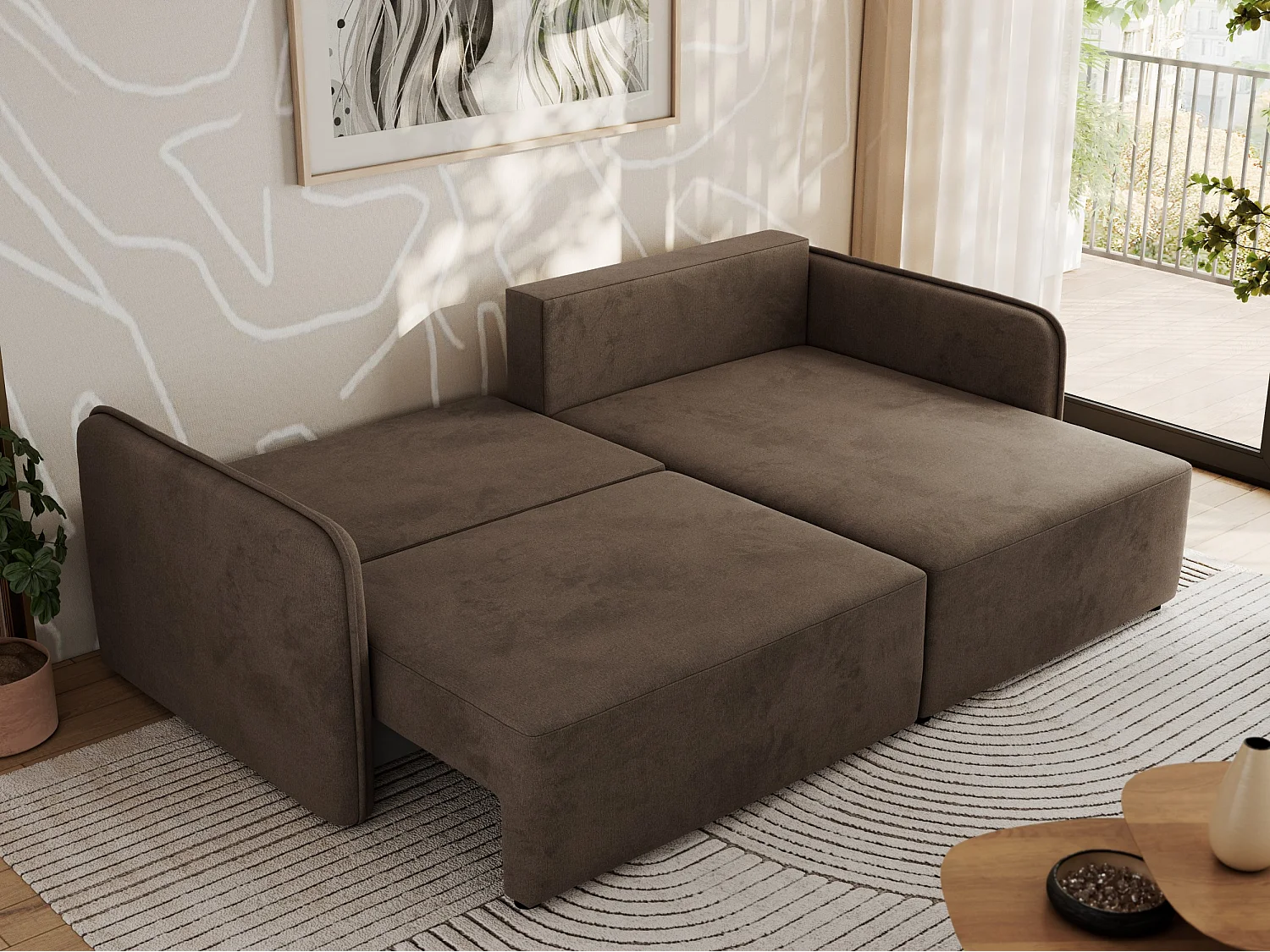 Ecksofa MESTO - Schlaffunktion und Bettkasten, L-form Couch für das Wohnzimmer, Armlehnen - Braun Velvet - Ecke Rechts