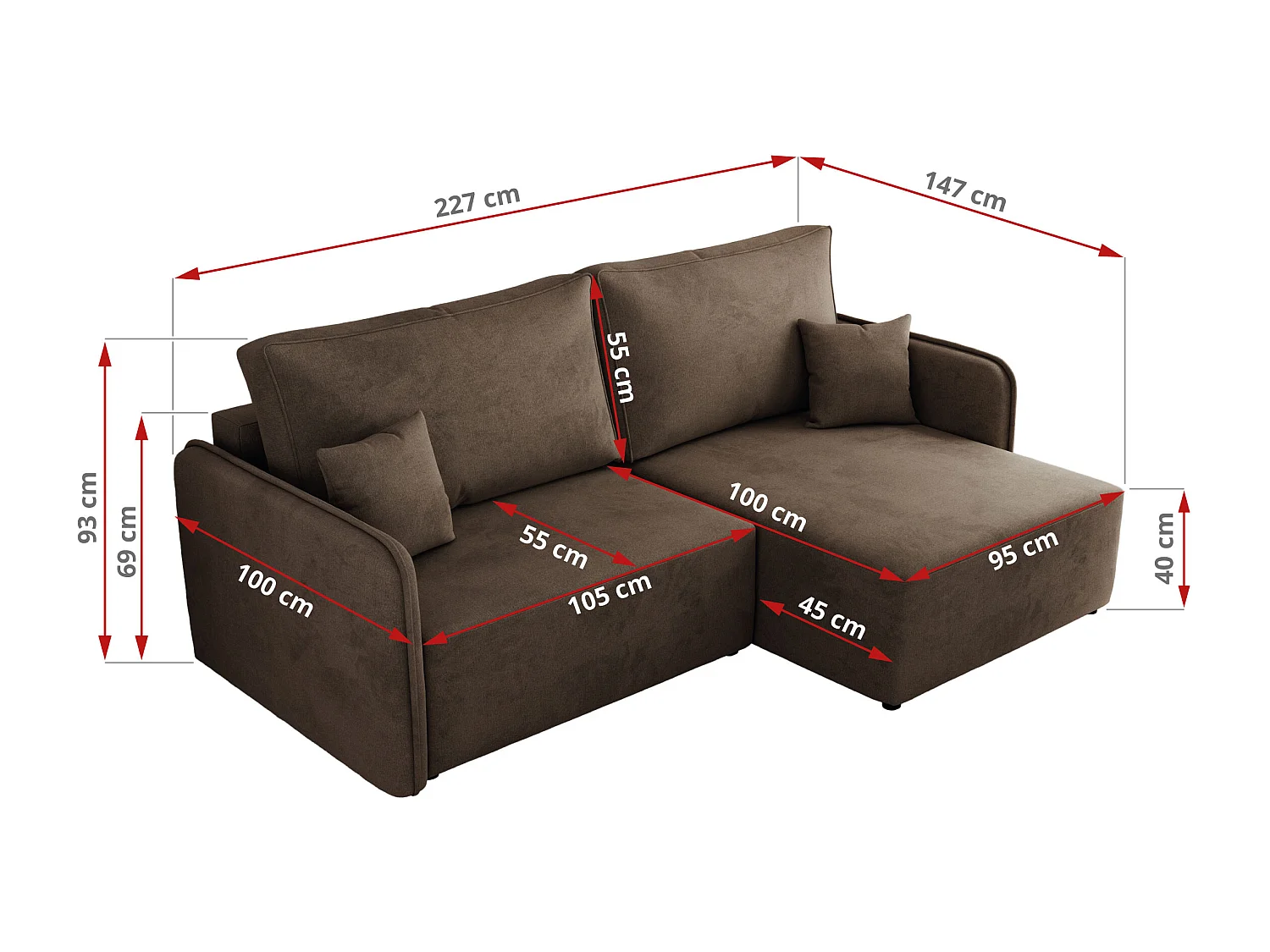 Ecksofa MESTO - Schlaffunktion und Bettkasten, L-form Couch für das Wohnzimmer, Armlehnen - Braun Velvet - Ecke Rechts