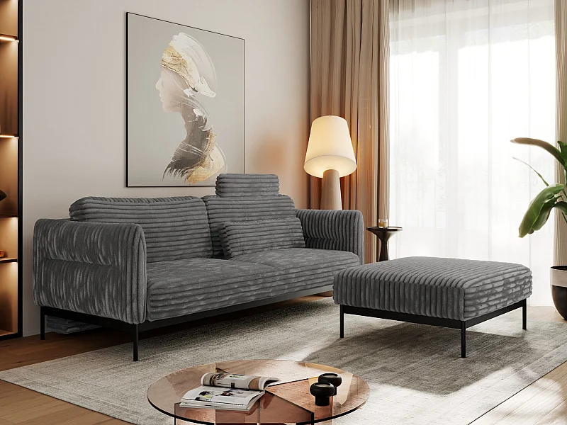 Ecksofa SALENTO - mit Metallbeine, Schlafsofa, mobilen Fußhocker, lose Kissen - Dunkelgrau Cord