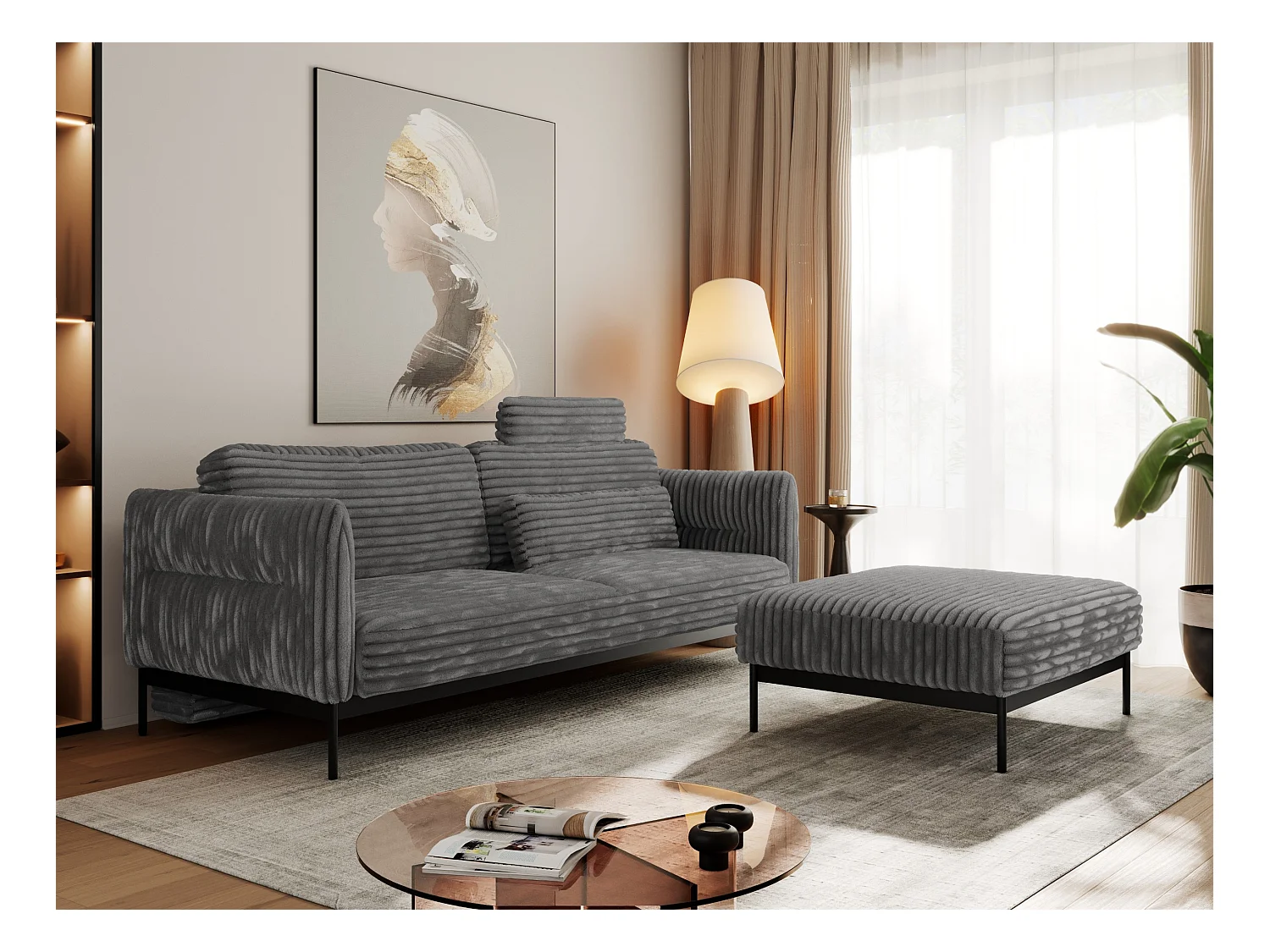 Ecksofa SALENTO - mit Metallbeine, Schlafsofa, mobilen Fußhocker, lose Kissen - Dunkelgrau Cord