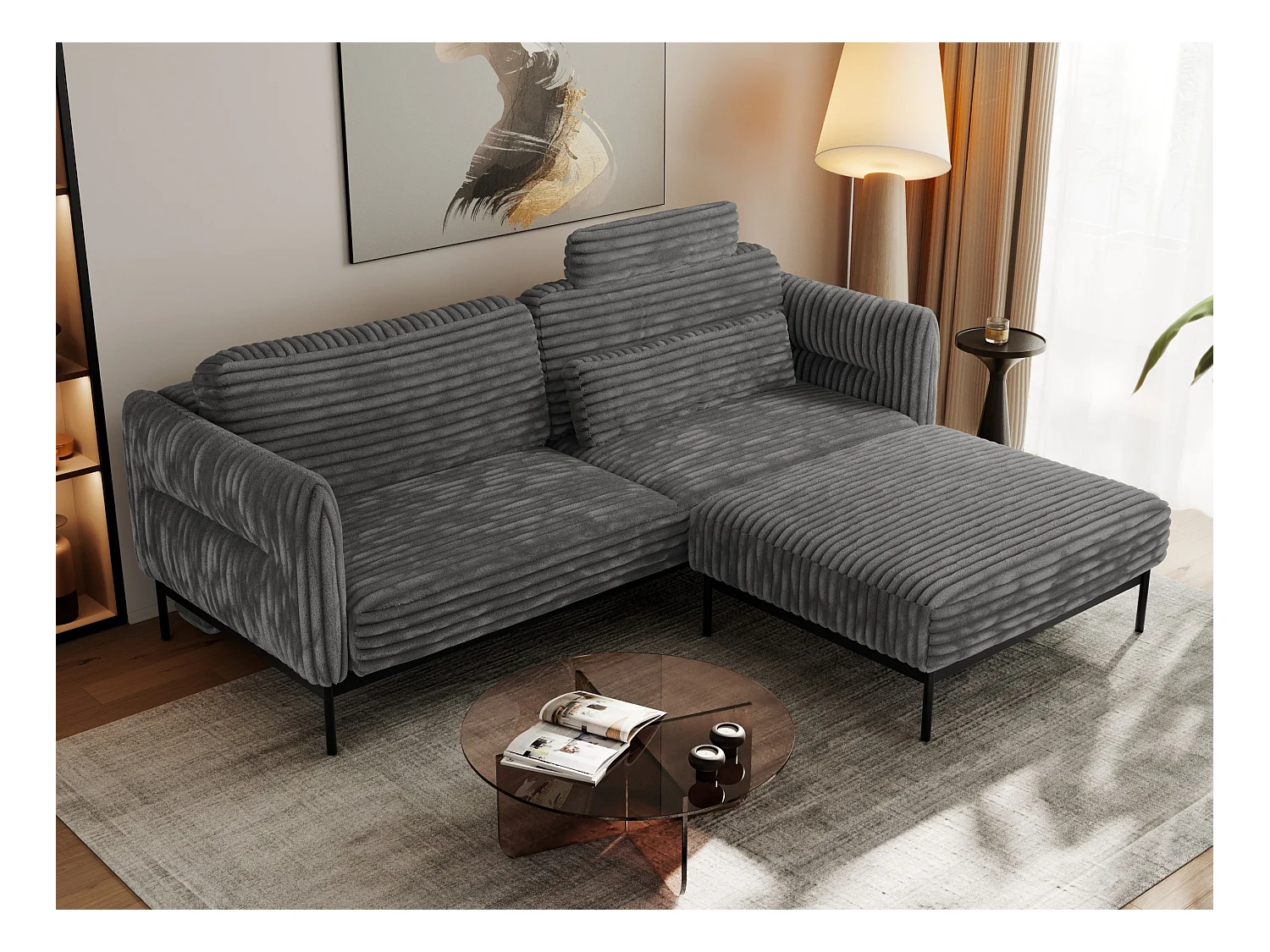 Ecksofa SALENTO - mit Metallbeine, Schlafsofa, mobilen Fußhocker, lose Kissen - Dunkelgrau Cord