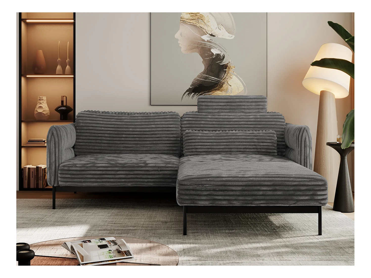 Ecksofa SALENTO - mit Metallbeine, Schlafsofa, mobilen Fußhocker, lose Kissen - Dunkelgrau Cord