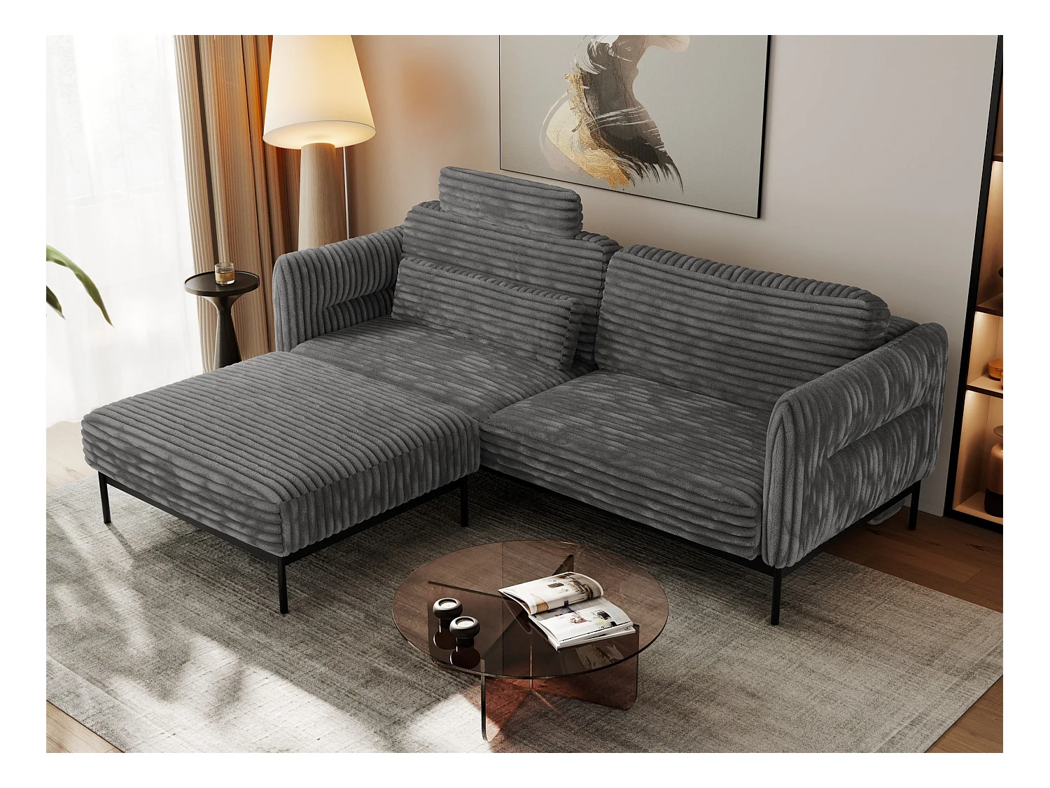 Ecksofa SALENTO - mit Metallbeine, Schlafsofa, mobilen Fußhocker, lose Kissen - Dunkelgrau Cord