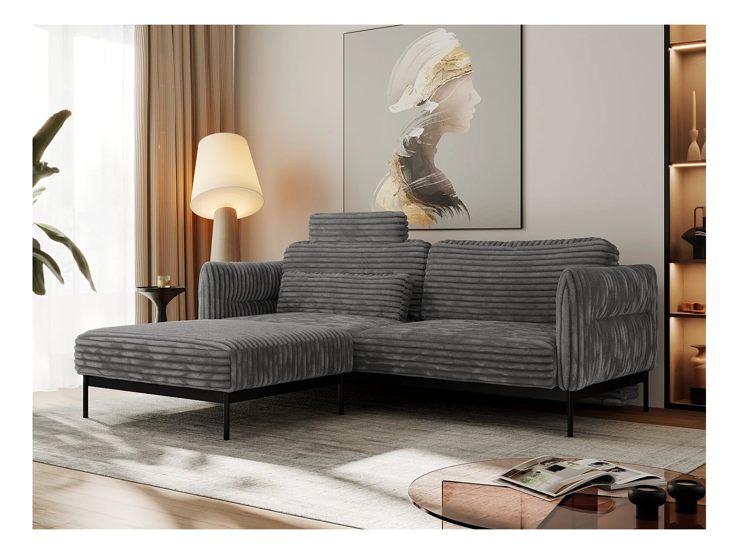 Ecksofa SALENTO - mit Metallbeine, Schlafsofa, mobilen Fußhocker, lose Kissen - Dunkelgrau Cord
