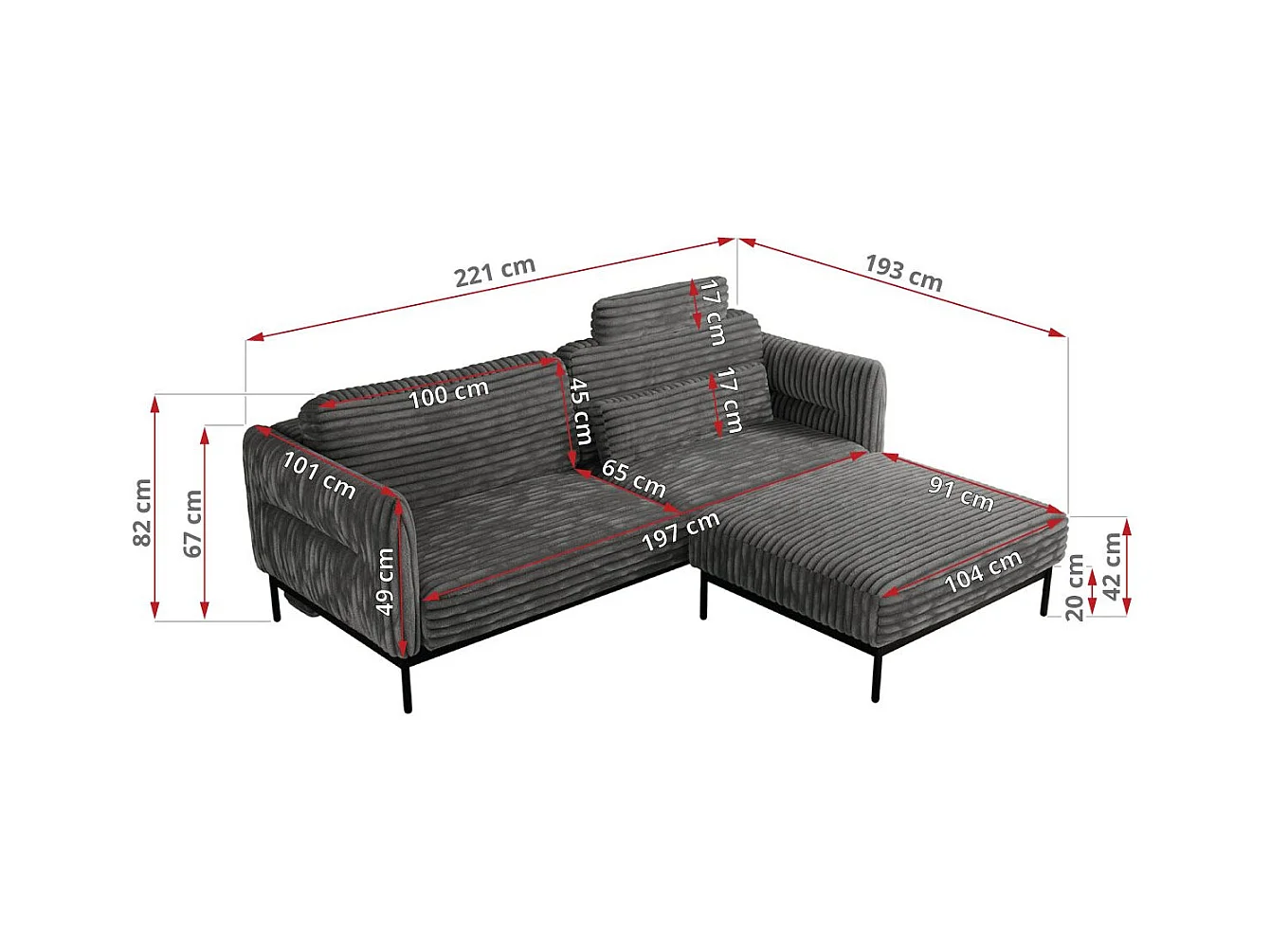 Ecksofa SALENTO - mit Metallbeine, Schlafsofa, mobilen Fußhocker, lose Kissen - Dunkelgrau Cord