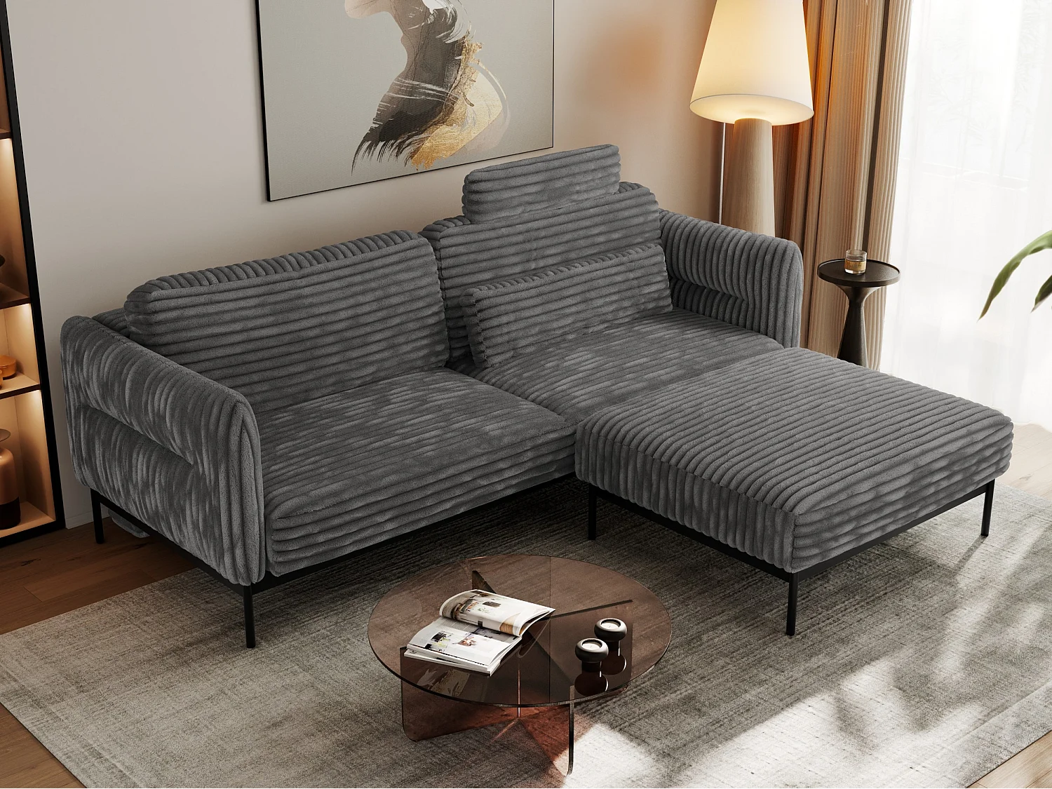 Ecksofa SALENTO - mit Metallbeine, Schlafsofa, mobilen Fußhocker, lose Kissen - Dunkelgrau Cord