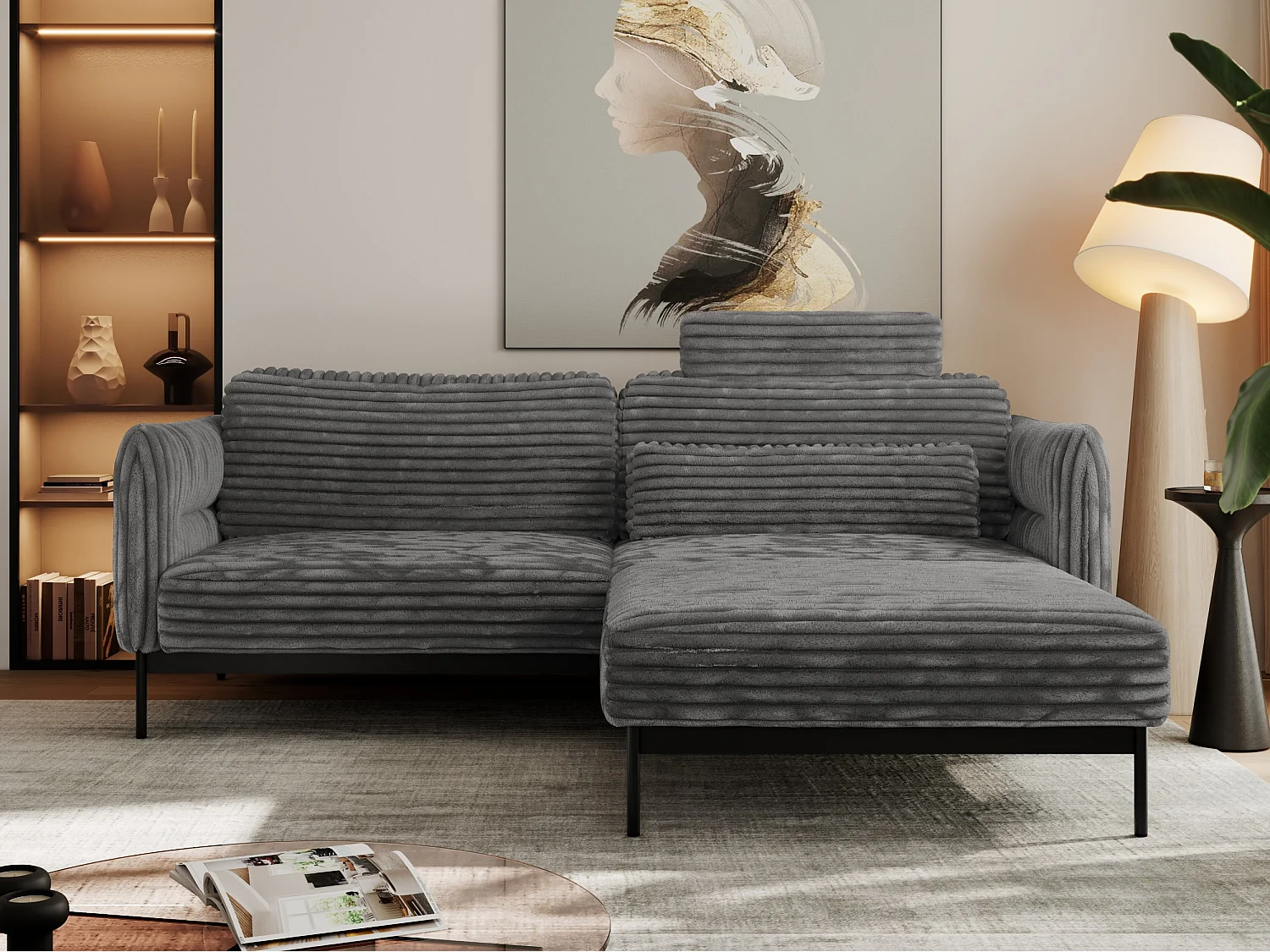 Ecksofa SALENTO - mit Metallbeine, Schlafsofa, mobilen Fußhocker, lose Kissen - Dunkelgrau Cord