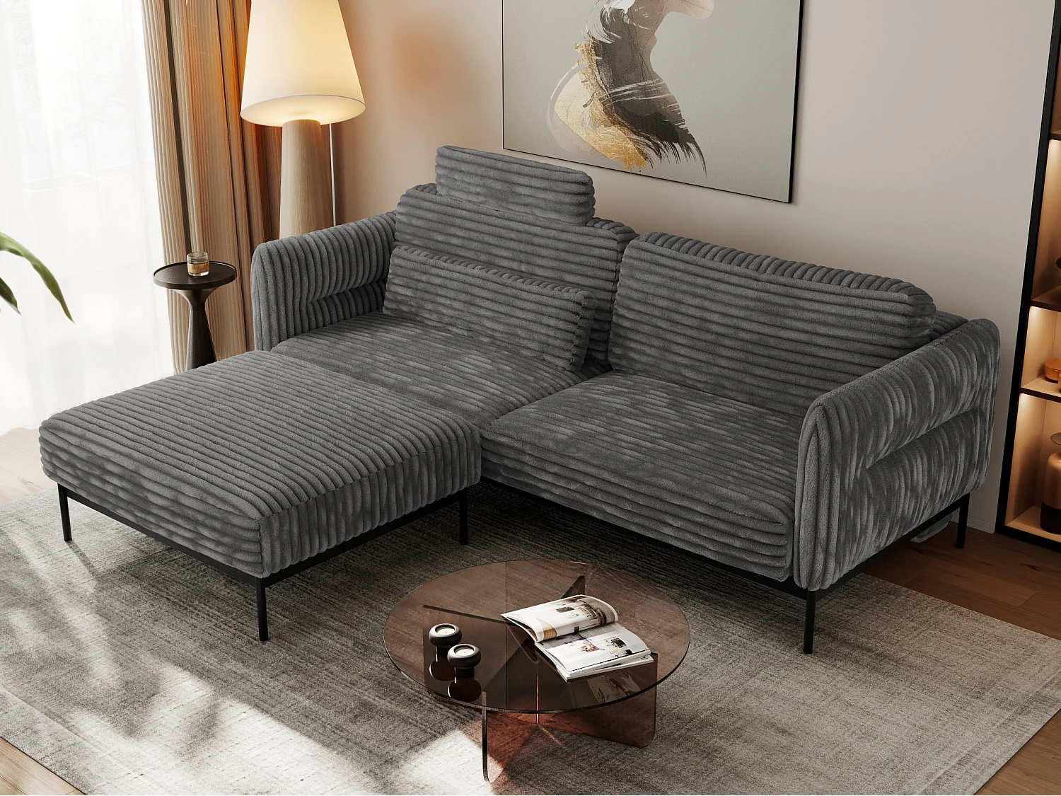 Ecksofa SALENTO - mit Metallbeine, Schlafsofa, mobilen Fußhocker, lose Kissen - Dunkelgrau Cord