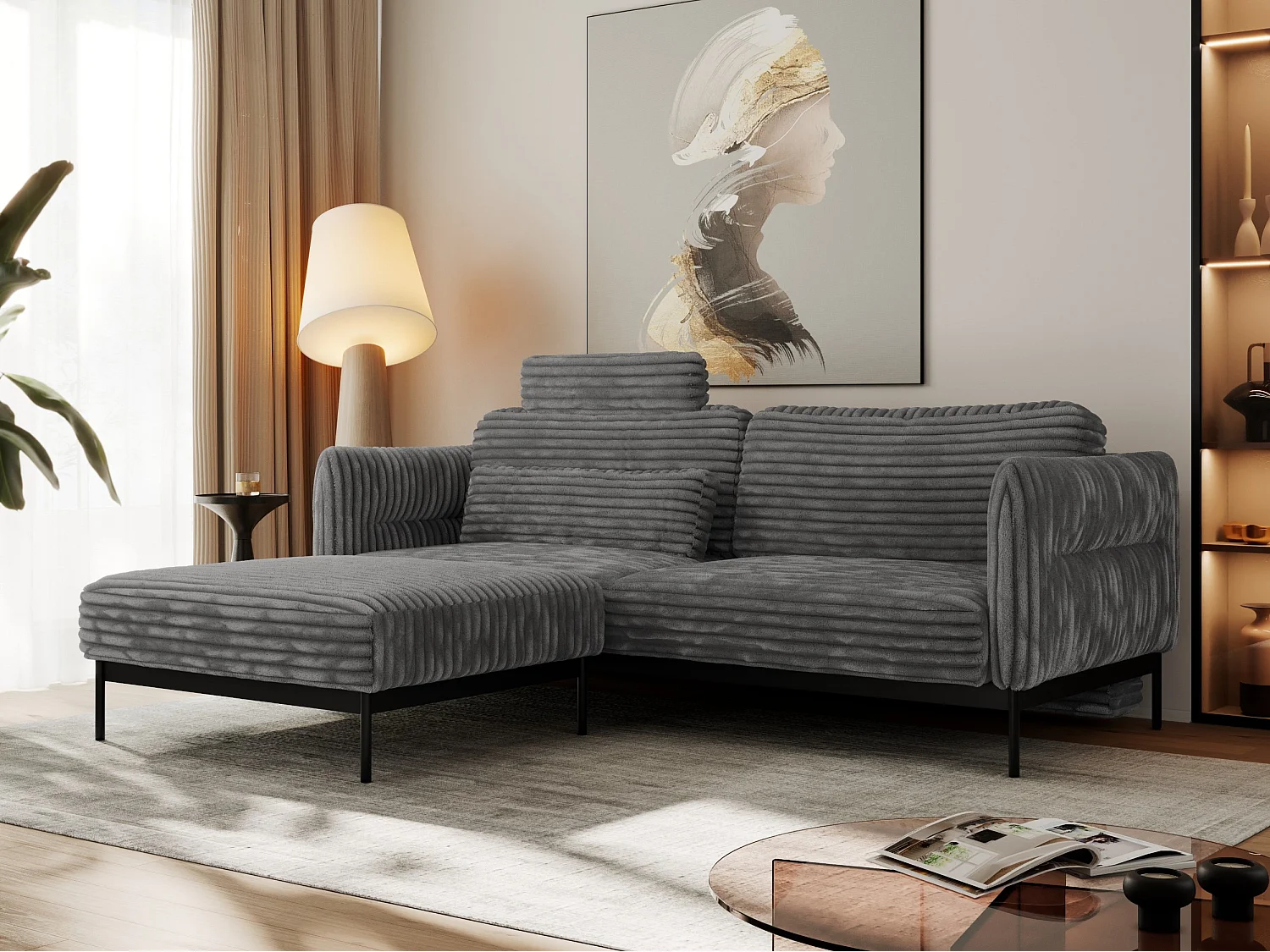 Ecksofa SALENTO - mit Metallbeine, Schlafsofa, mobilen Fußhocker, lose Kissen - Dunkelgrau Cord