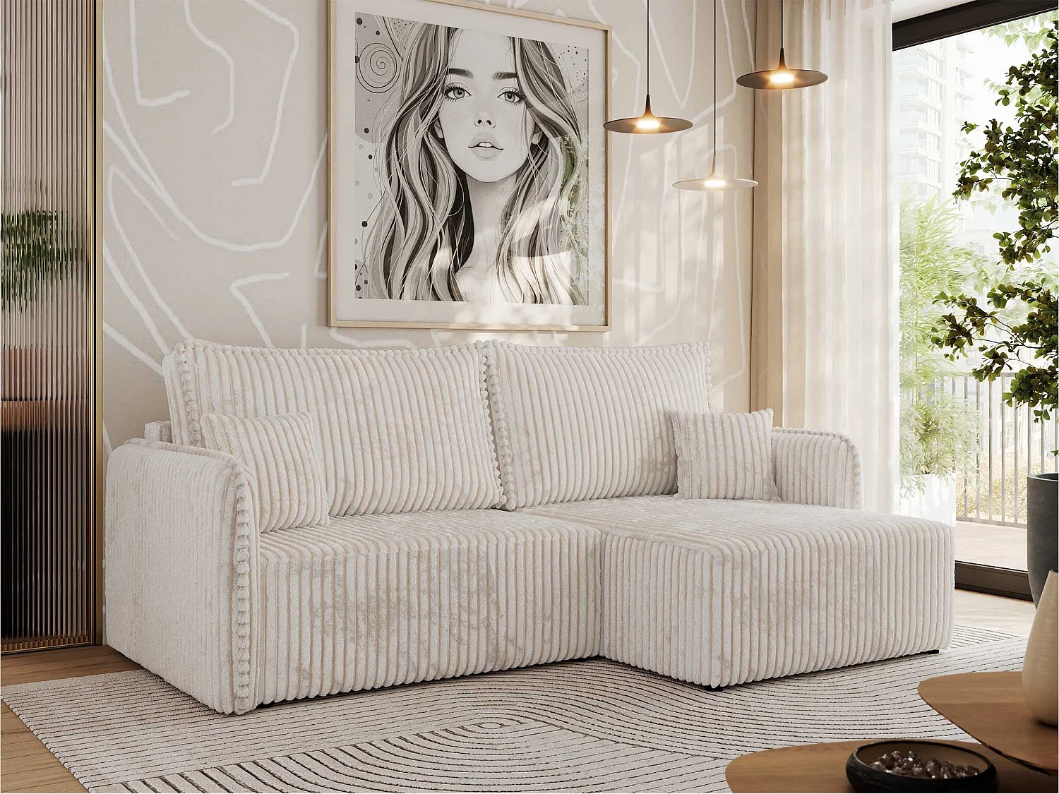 Ecksofa MESTO - Schlaffunktion und Bettkasten, L-form Couch für das Wohnzimmer, Armlehnen - Beige Cord - Ecke Rechts