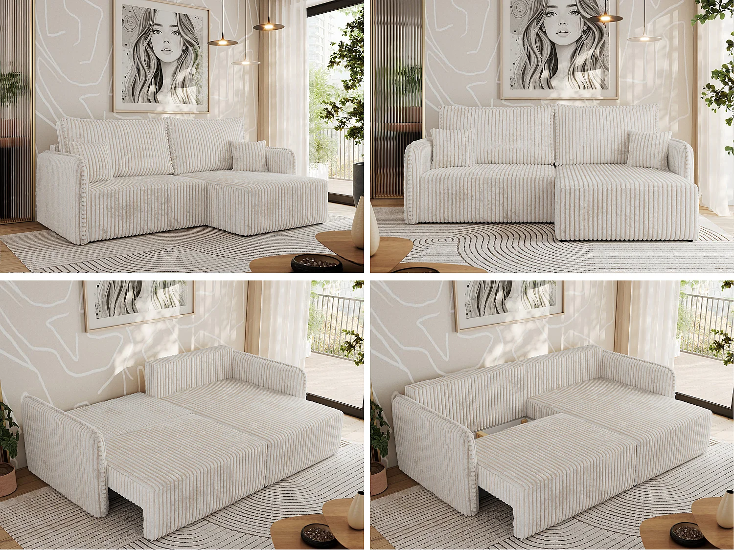 Ecksofa MESTO - Schlaffunktion und Bettkasten, L-form Couch für das Wohnzimmer, Armlehnen - Beige Cord - Ecke Rechts
