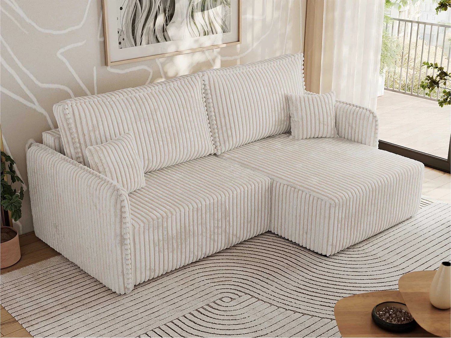 Ecksofa MESTO - Schlaffunktion und Bettkasten, L-form Couch für das Wohnzimmer, Armlehnen - Beige Cord - Ecke Rechts