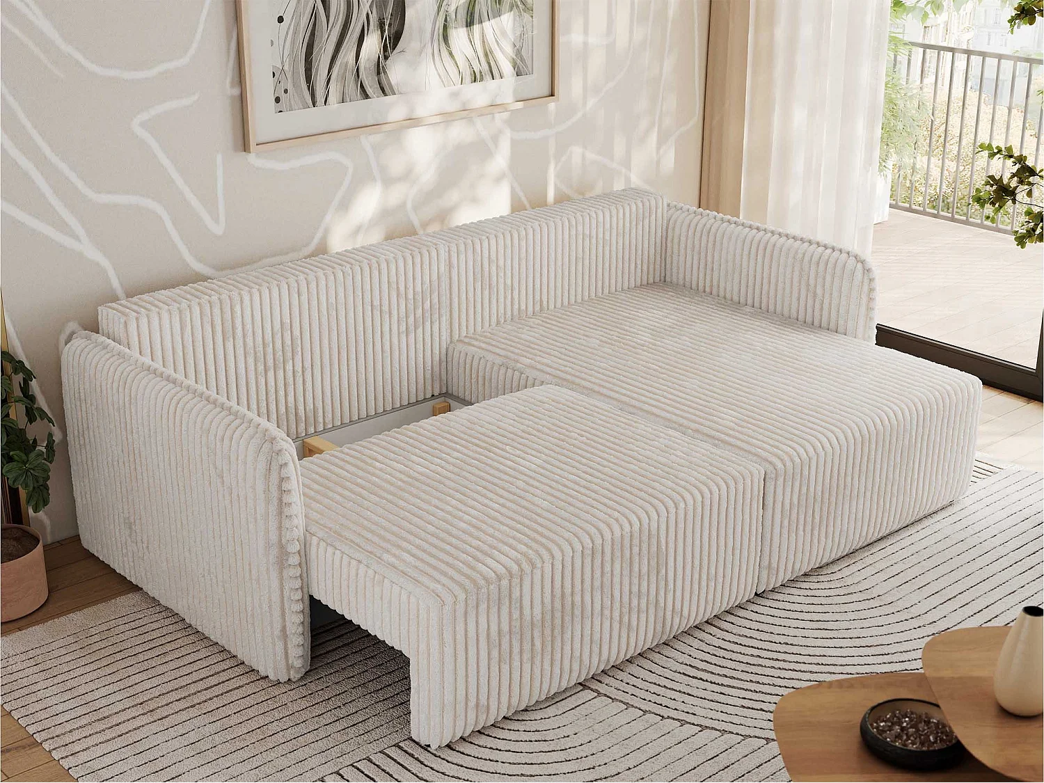 Ecksofa MESTO - Schlaffunktion und Bettkasten, L-form Couch für das Wohnzimmer, Armlehnen - Beige Cord - Ecke Rechts