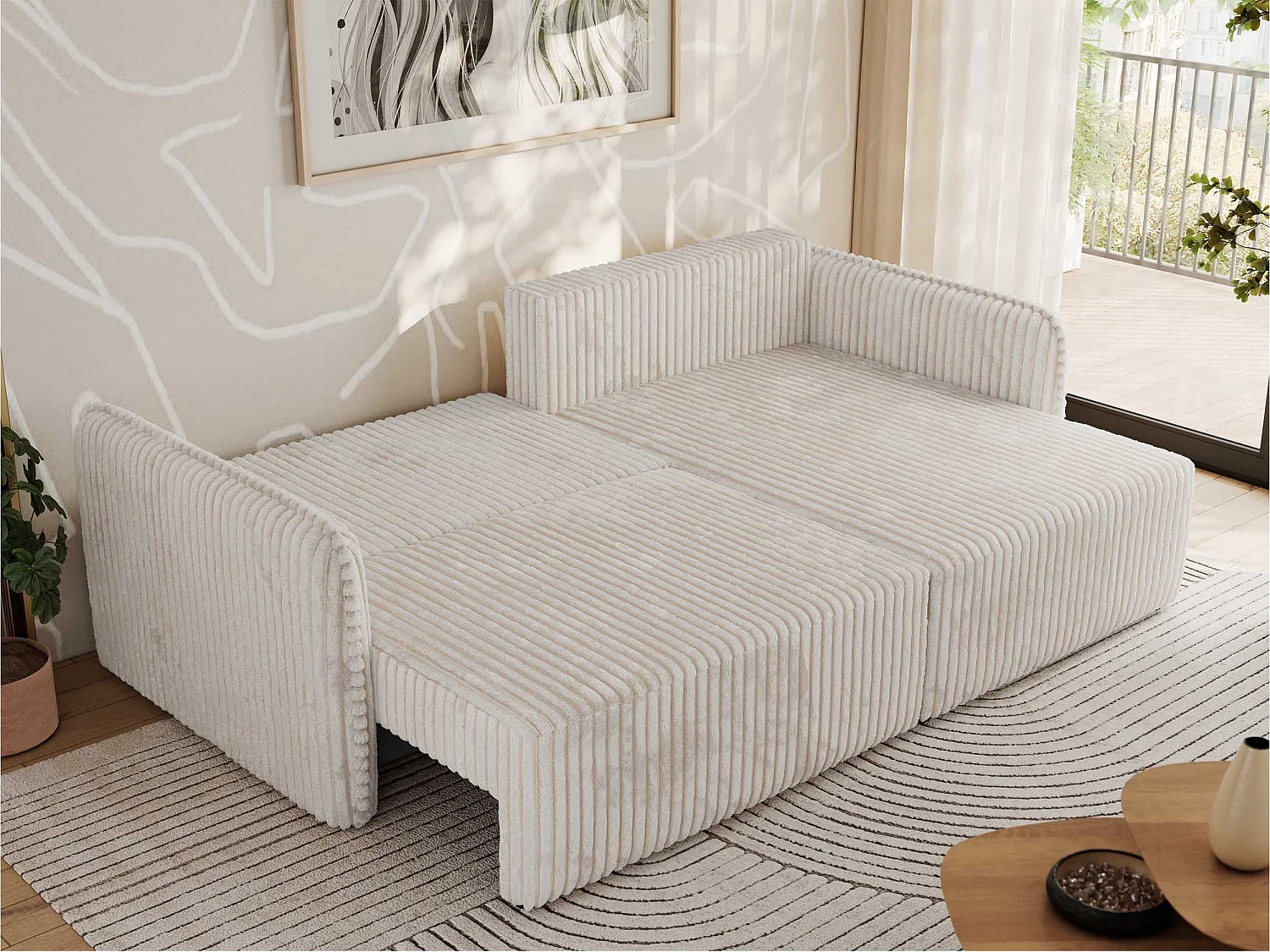 Ecksofa MESTO - Schlaffunktion und Bettkasten, L-form Couch für das Wohnzimmer, Armlehnen - Beige Cord - Ecke Rechts
