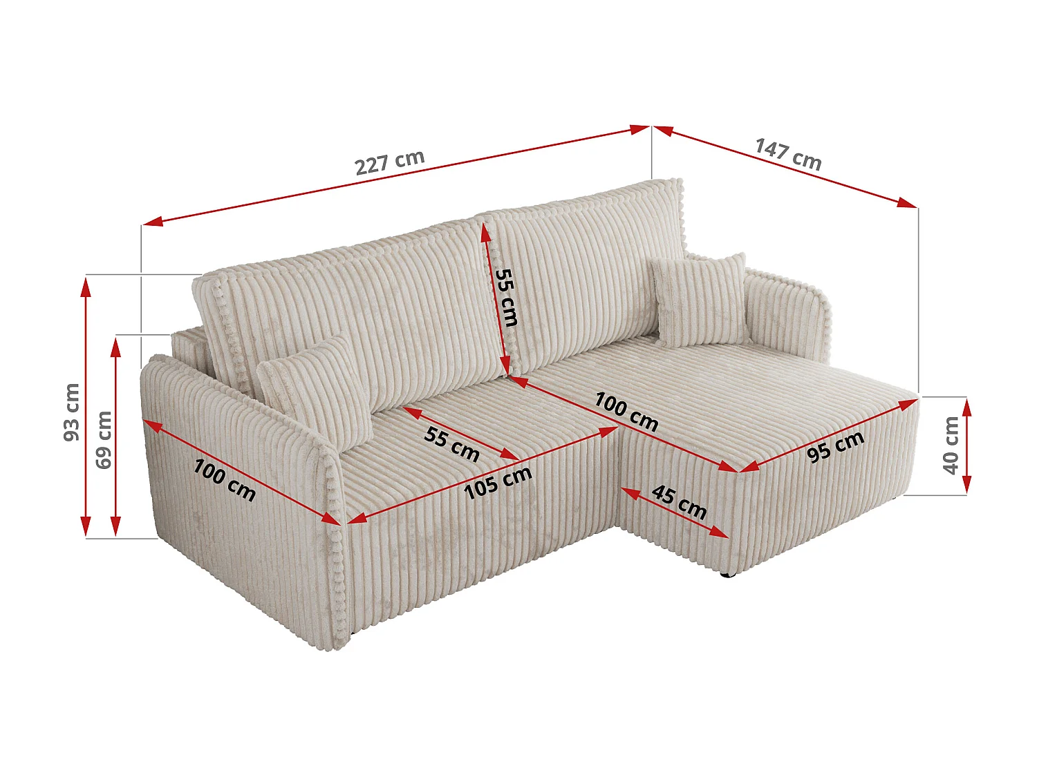 Ecksofa MESTO - Schlaffunktion und Bettkasten, L-form Couch für das Wohnzimmer, Armlehnen - Beige Cord - Ecke Rechts