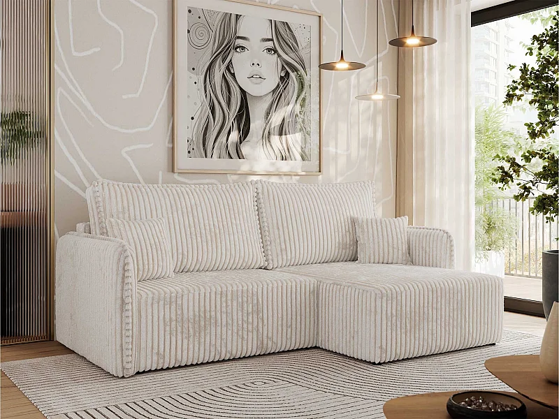 Ecksofa MESTO - Schlaffunktion und Bettkasten, L-form Couch für das Wohnzimmer, Armlehnen - Beige Cord - Ecke Rechts