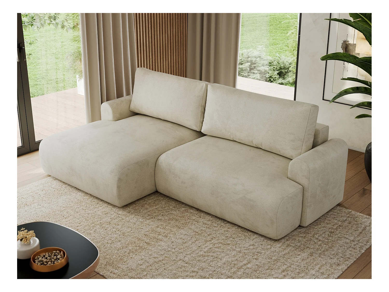 Ecksofa TONO - mit Schlaffunktion und Bettkasten, L-form Ecke, Armlehnen - Beige Velvet - Ecke Links