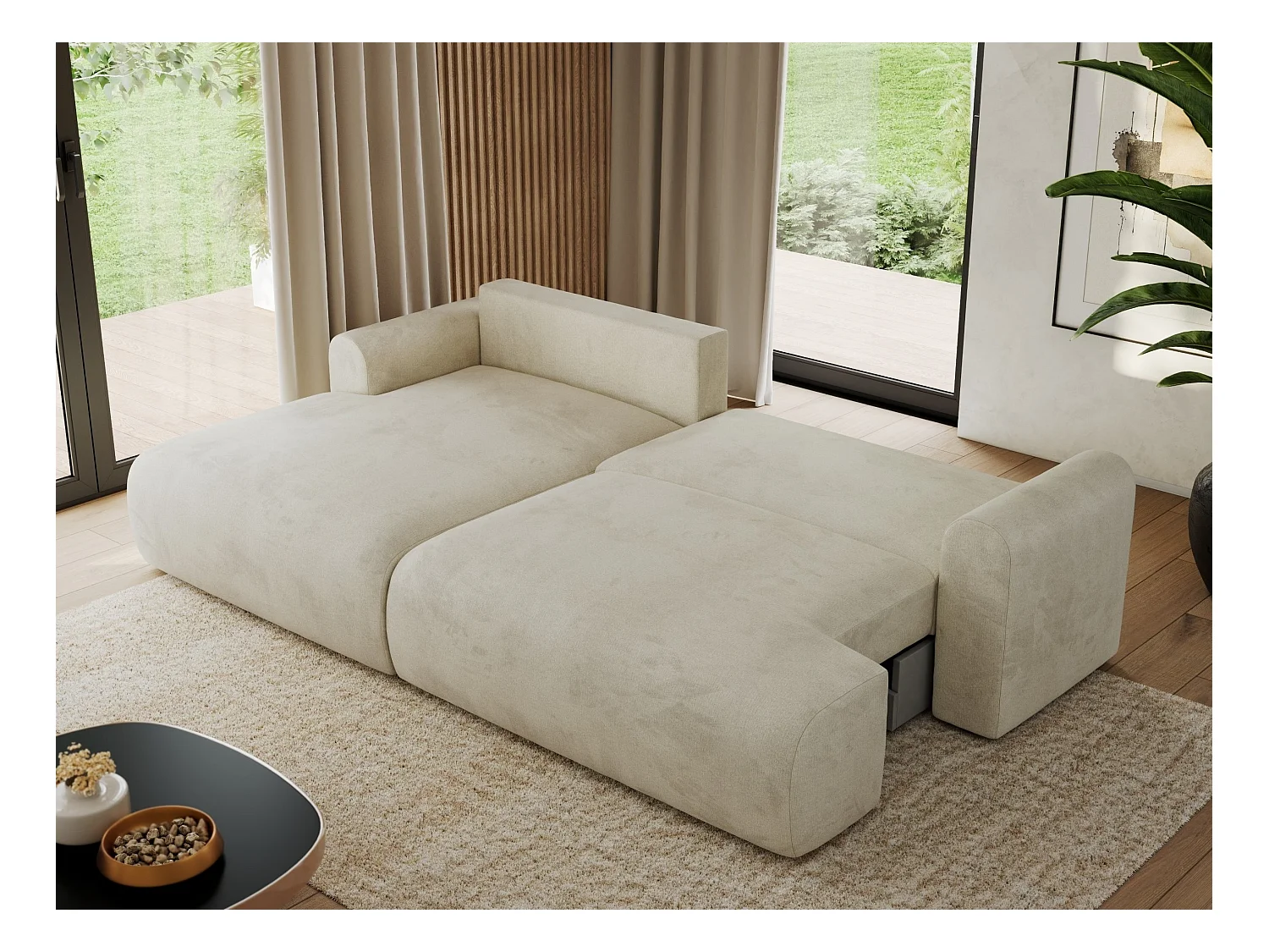 Ecksofa TONO - mit Schlaffunktion und Bettkasten, L-form Ecke, Armlehnen - Beige Velvet - Ecke Links