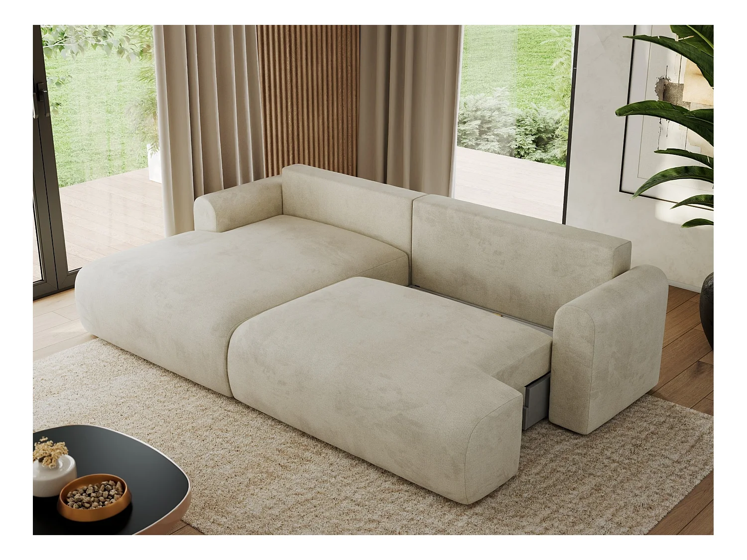 Ecksofa TONO - mit Schlaffunktion und Bettkasten, L-form Ecke, Armlehnen - Beige Velvet - Ecke Links