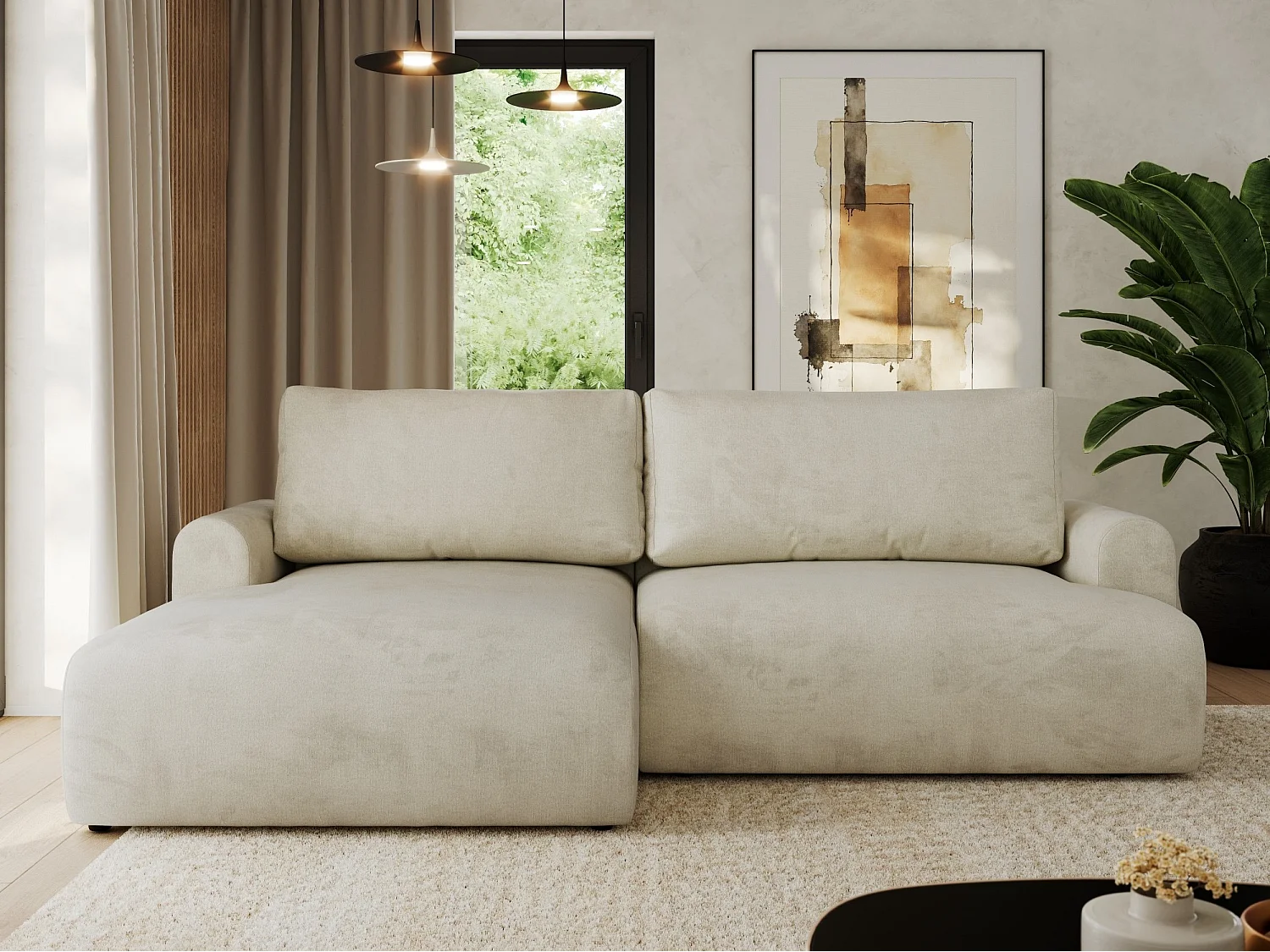 Ecksofa TONO - mit Schlaffunktion und Bettkasten, L-form Ecke, Armlehnen - Beige Velvet - Ecke Links