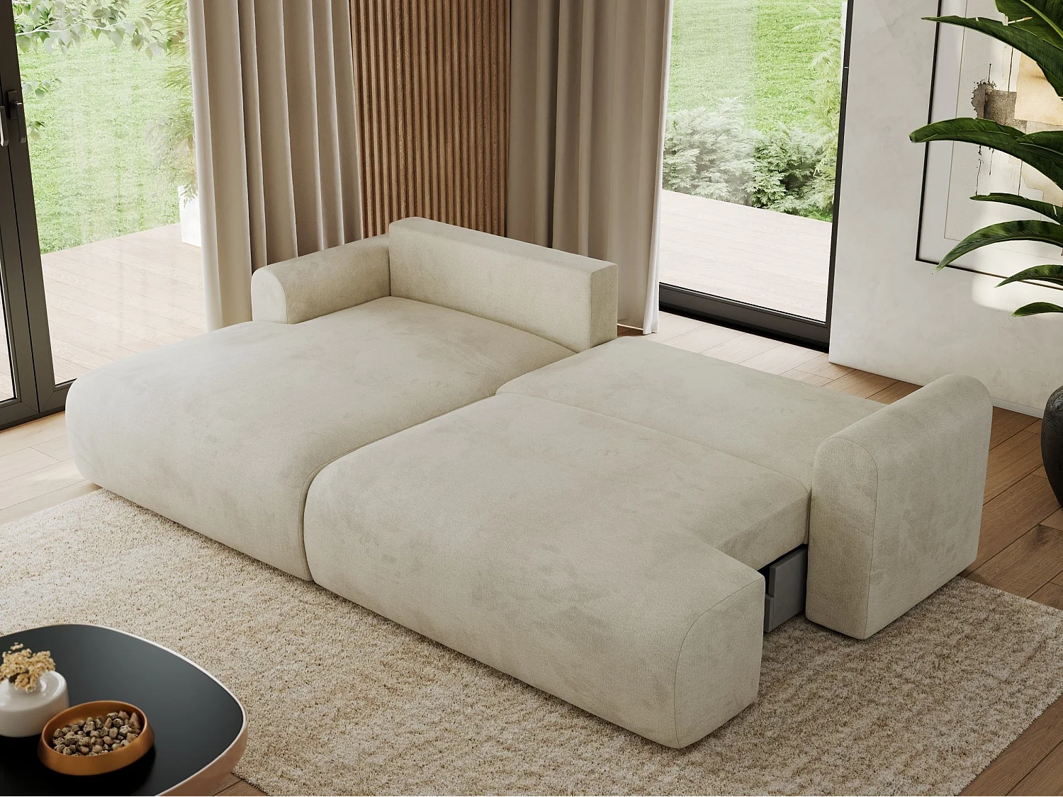 Ecksofa TONO - mit Schlaffunktion und Bettkasten, L-form Ecke, Armlehnen - Beige Velvet - Ecke Links