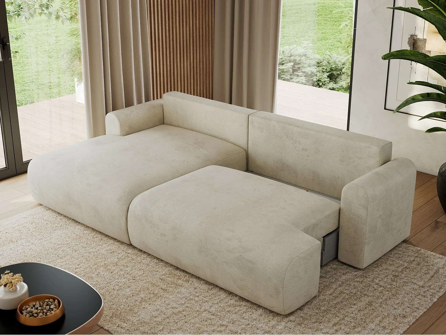 Ecksofa TONO - mit Schlaffunktion und Bettkasten, L-form Ecke, Armlehnen - Beige Velvet - Ecke Links