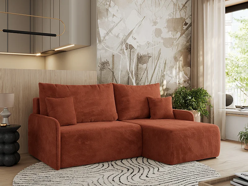 Ecksofa ARPA - L-form Schlaffsofa, Bettkasten und lose Kissen, Armlehnen - Orange Plüsch - Ecke Rechts