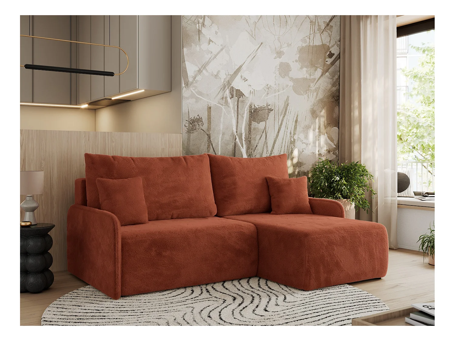 Ecksofa ARPA - L-form Schlaffsofa, Bettkasten und lose Kissen, Armlehnen - Orange Plüsch - Ecke Rechts