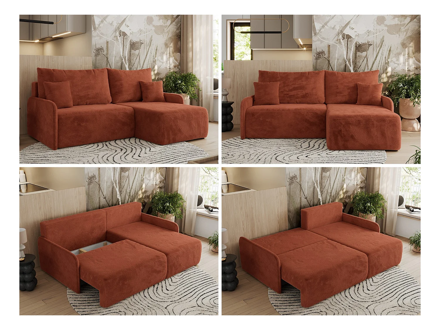Ecksofa ARPA - L-form Schlaffsofa, Bettkasten und lose Kissen, Armlehnen - Orange Plüsch - Ecke Rechts