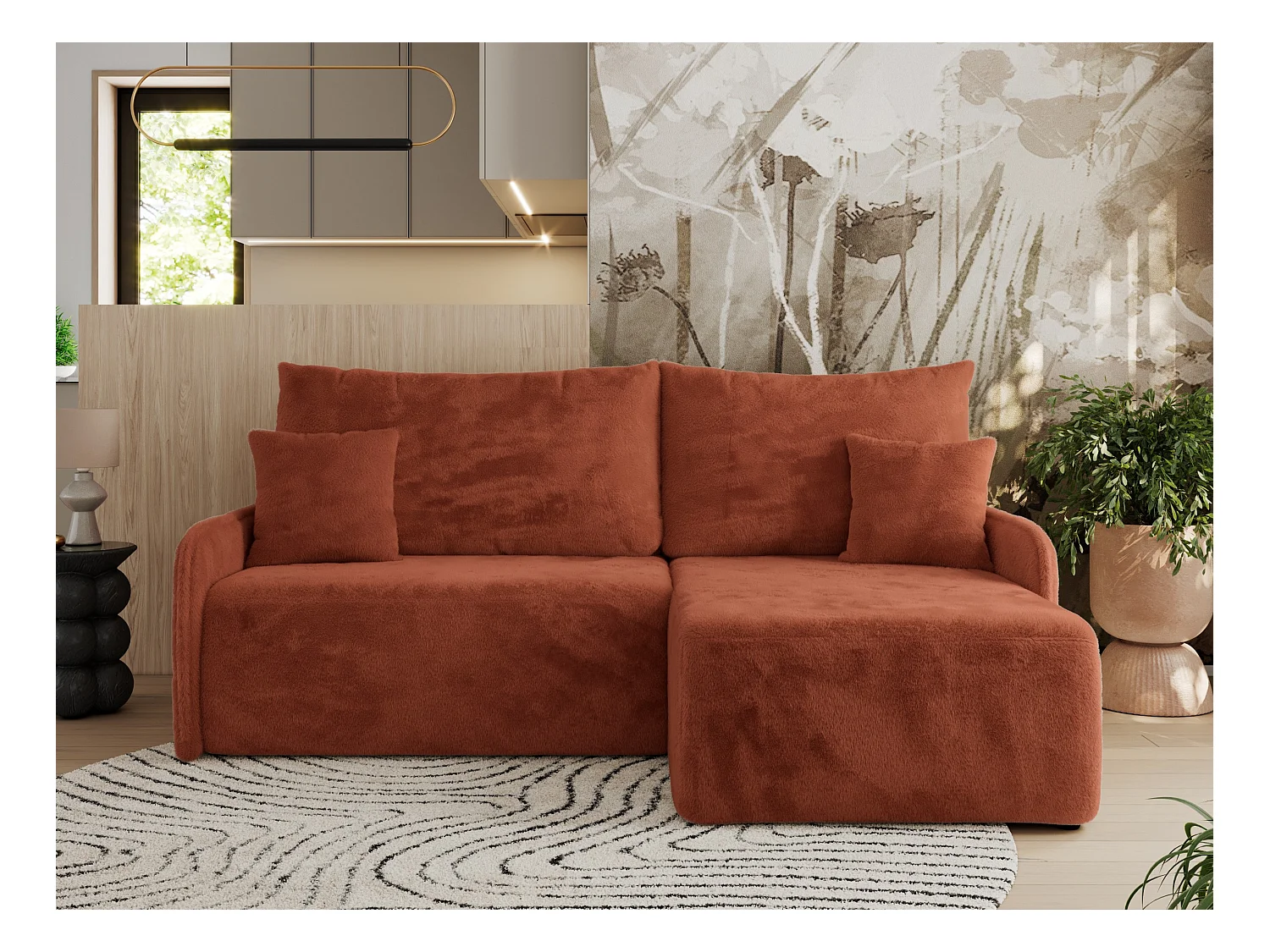 Ecksofa ARPA - L-form Schlaffsofa, Bettkasten und lose Kissen, Armlehnen - Orange Plüsch - Ecke Rechts